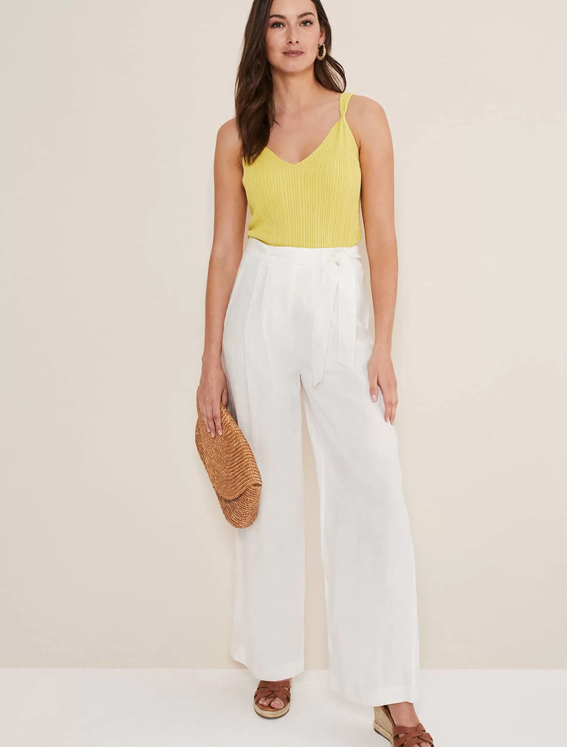 Phase Eight Aaliyah Linen Belted Wide Leg Trousers White Clearance
