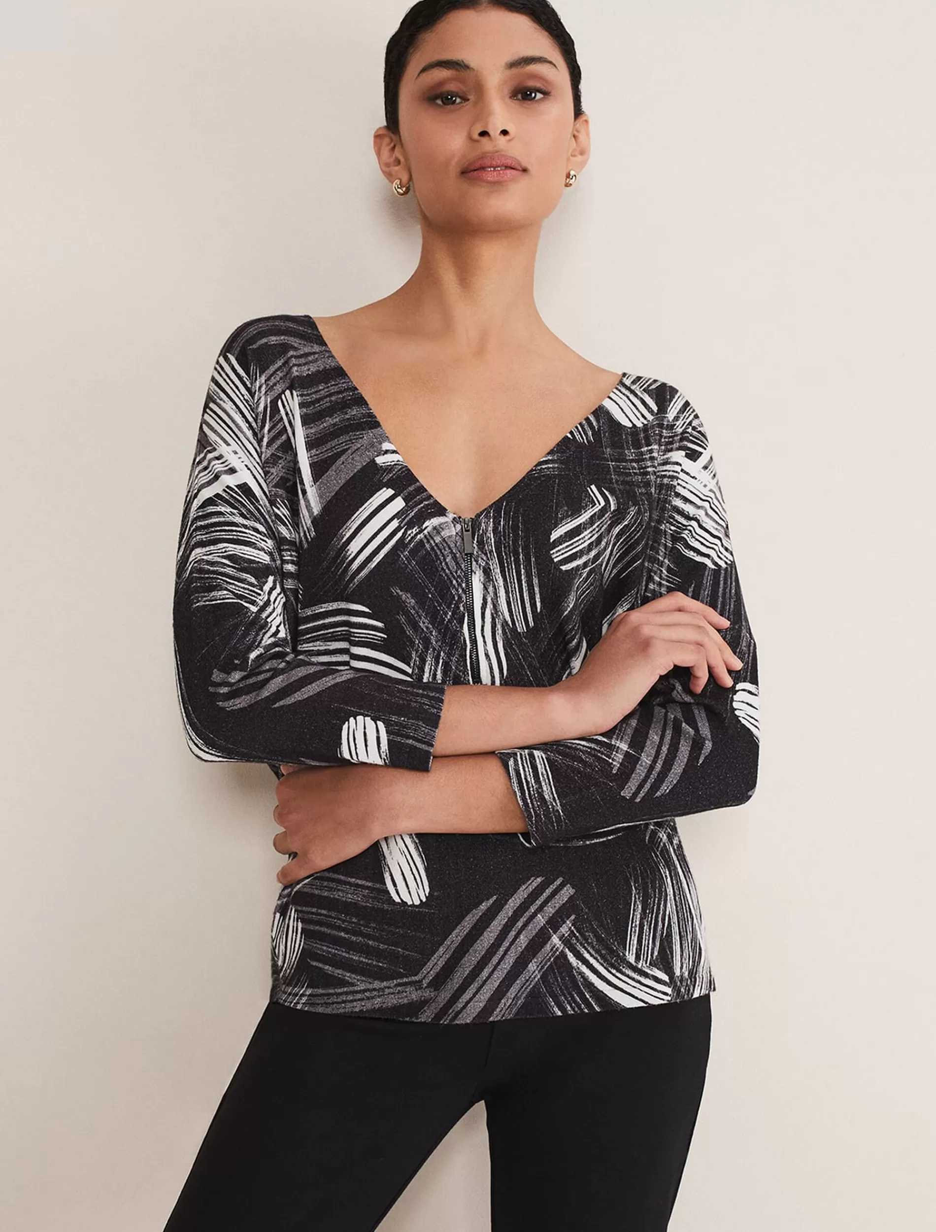 Phase Eight Adara Linear Zip Neck Print Jumper Black/Multi Best Sale