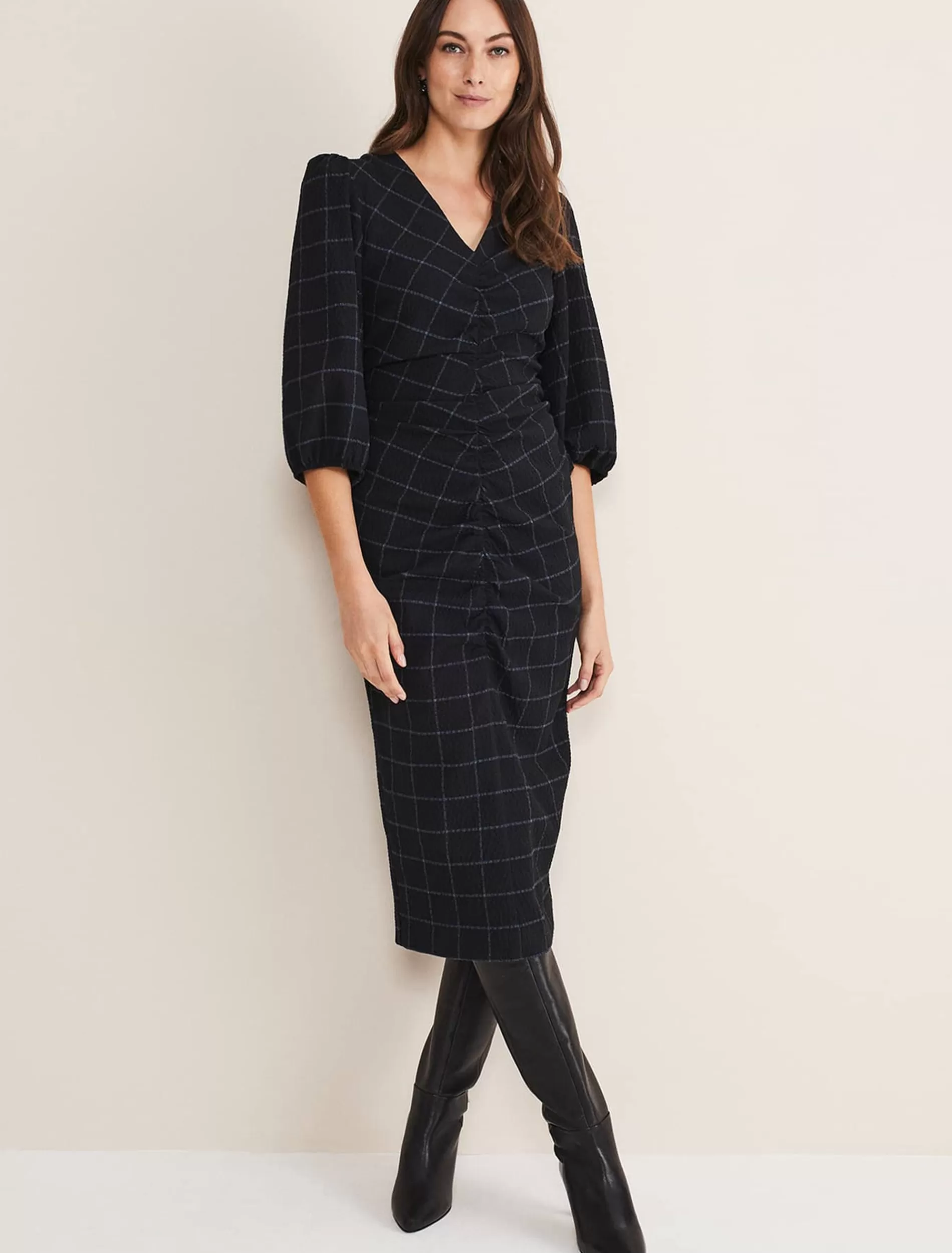 Phase Eight Addison Check Ruched Dress Black/Blue Cheap