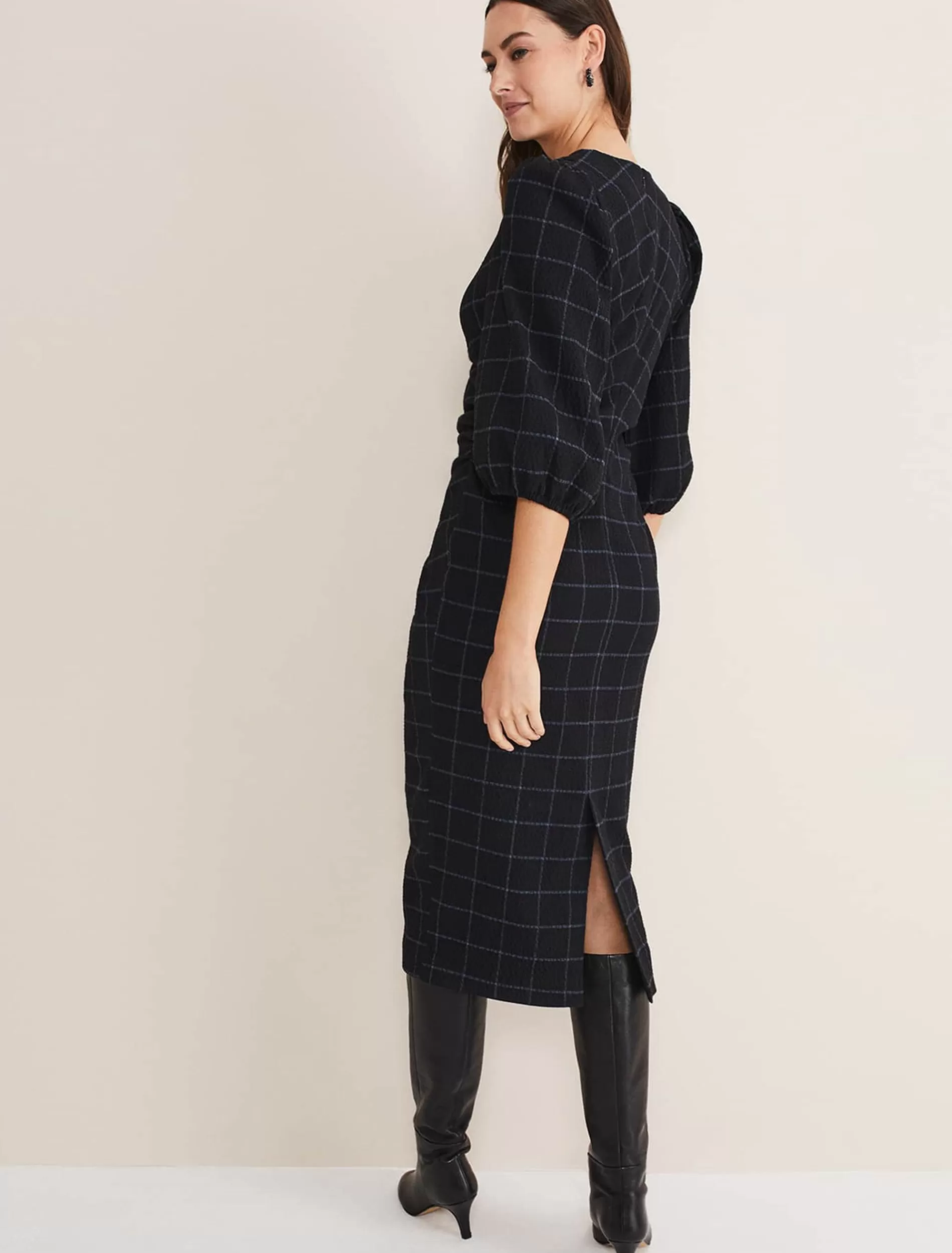 Phase Eight Addison Check Ruched Dress Black/Blue Cheap