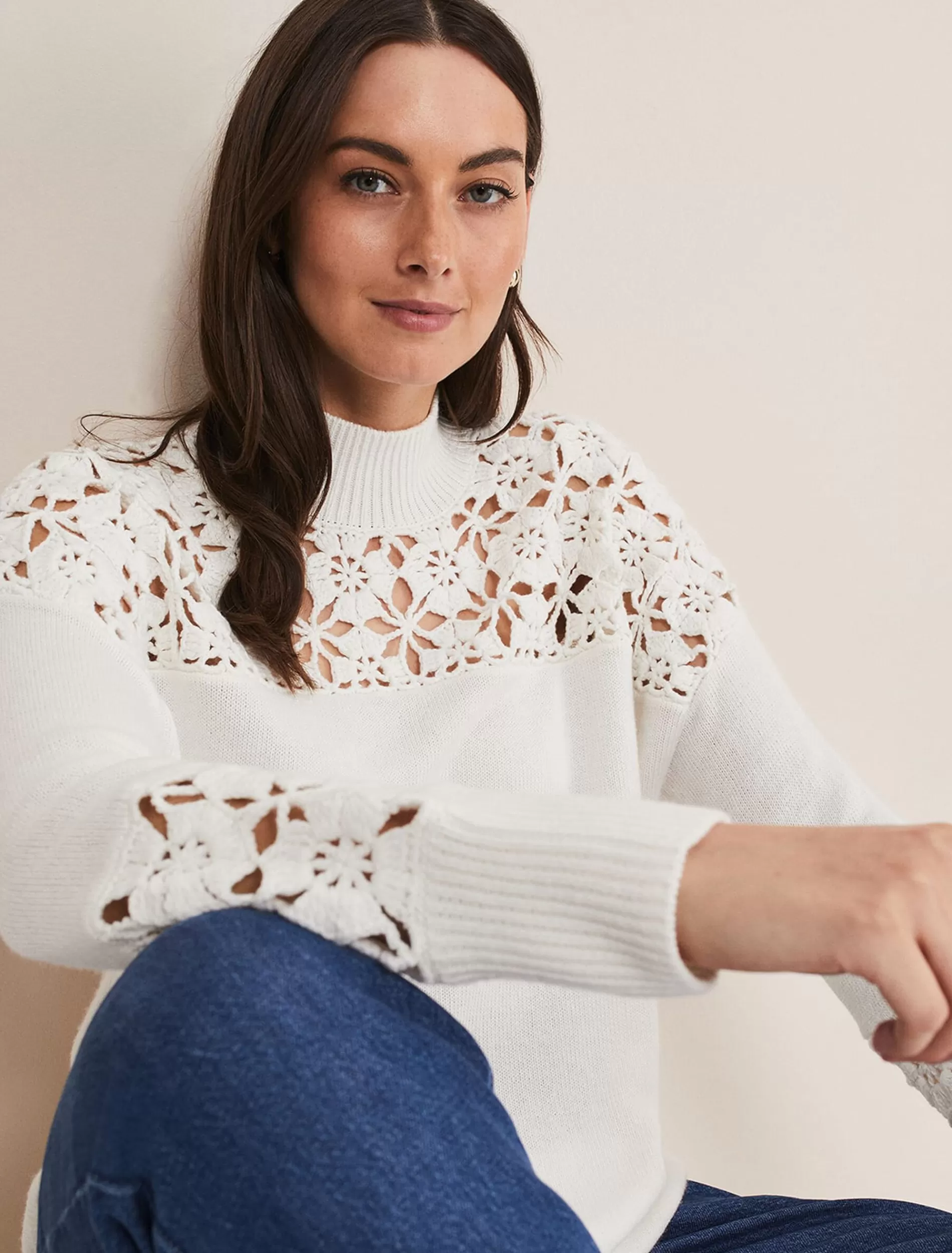 Phase Eight Adley Crochet Knit Winter White Sale