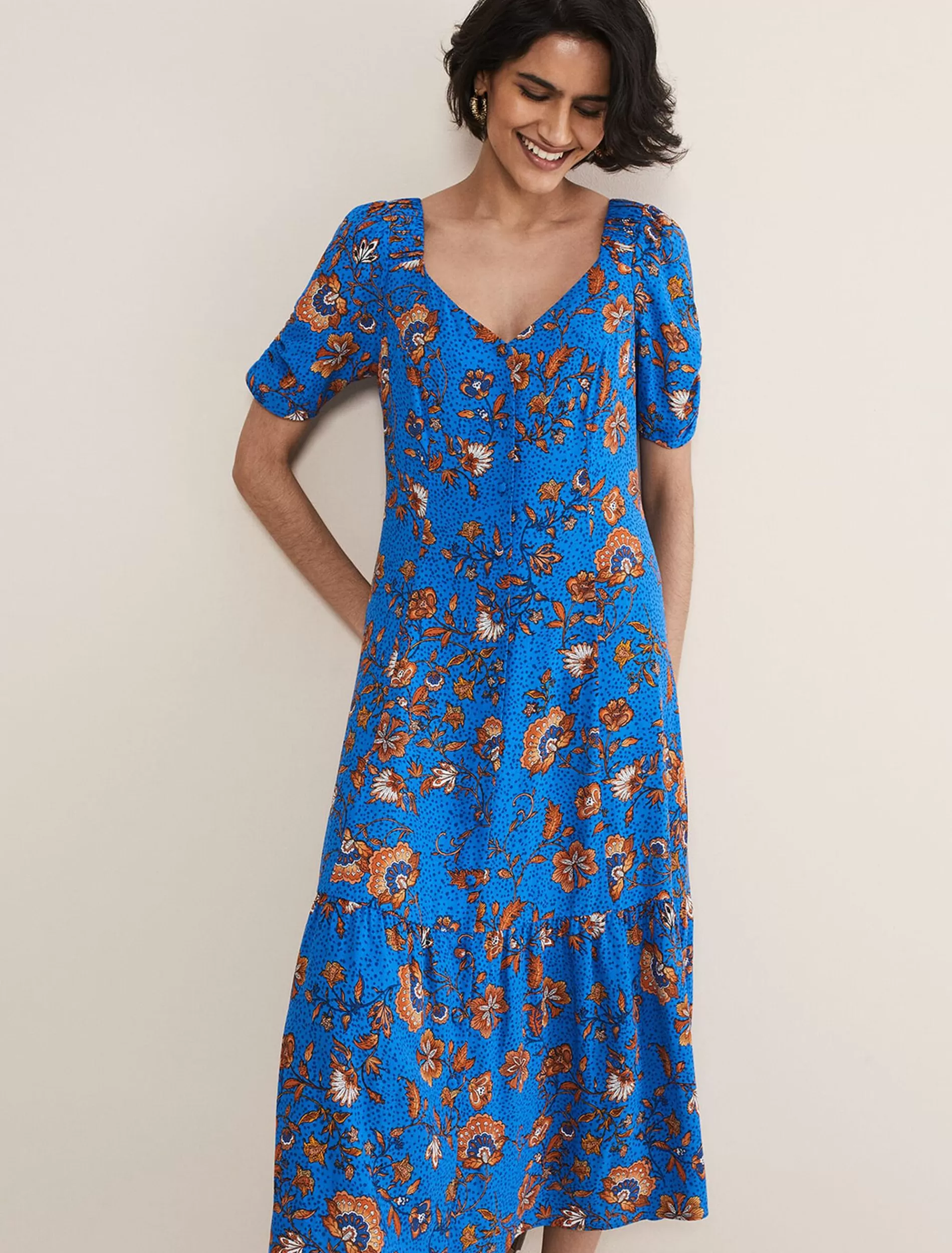 Phase Eight Adriel Paisley Midi Dress Blues/Orange Discount