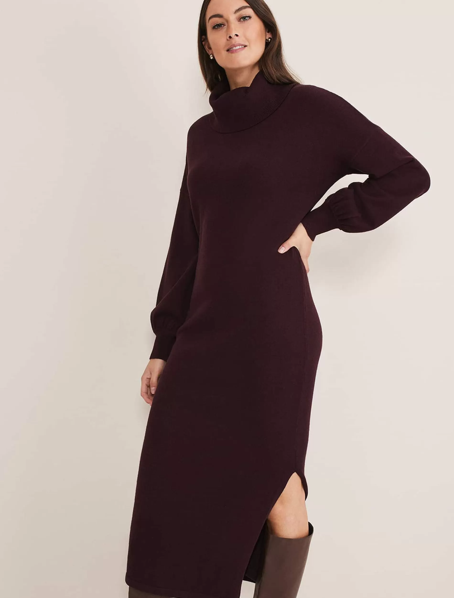Phase Eight Aileen Maxi Roll Neck Knit Dress Burgundy Fashion