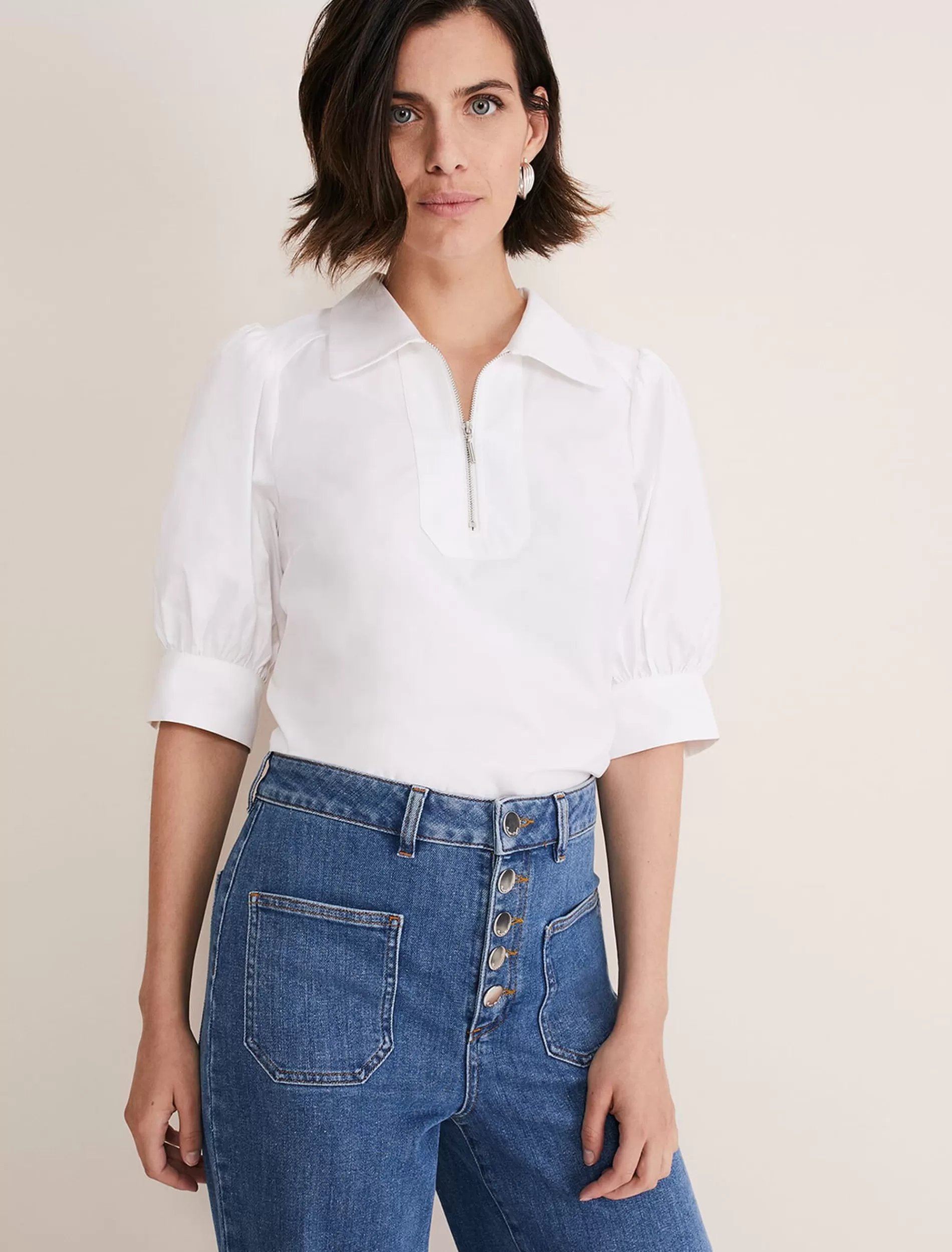 Phase Eight Alannah Puff Sleeve Zip Collar Blouse White Discount