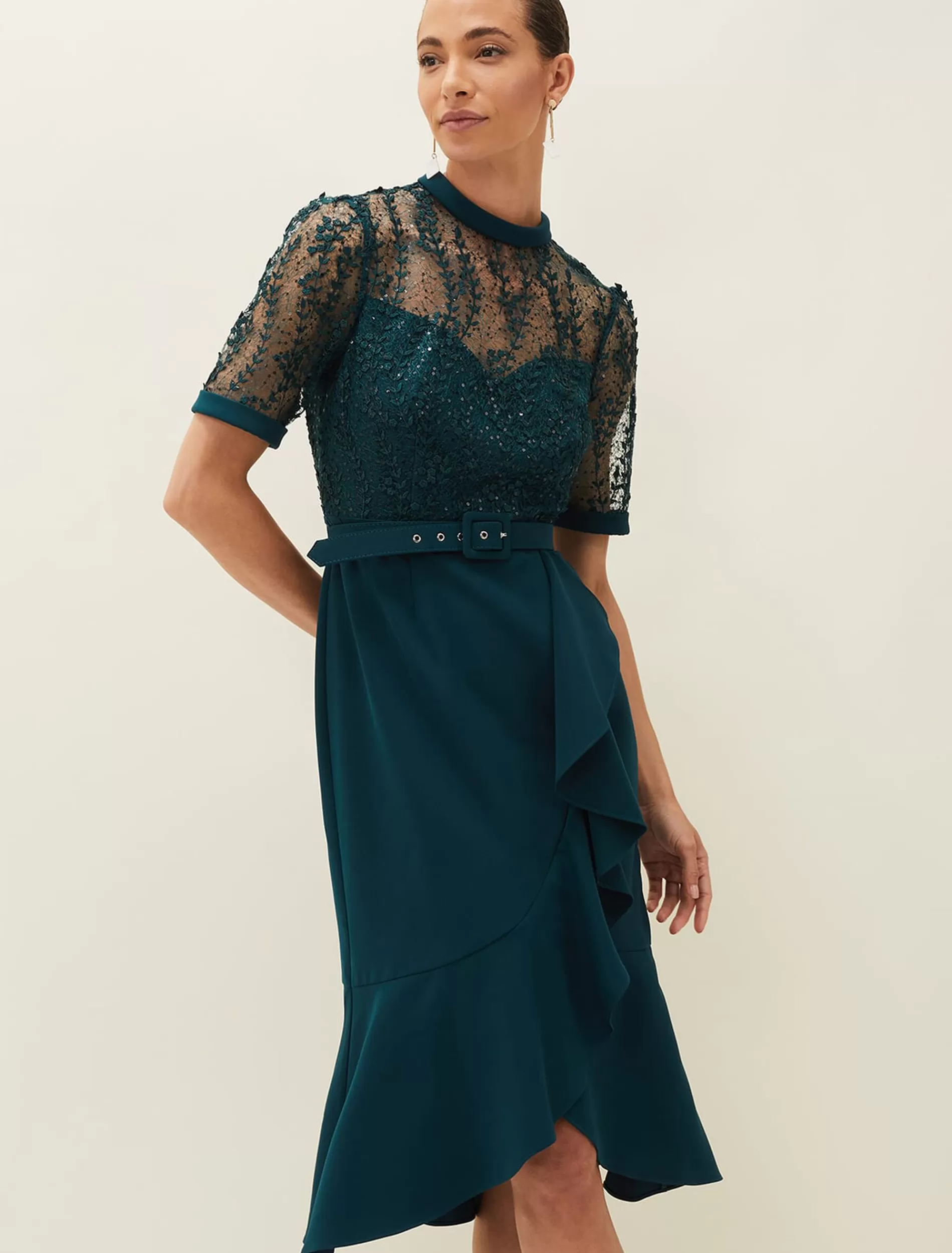 Phase Eight Alesia Lace Bodice Belted Dress Dark Teal Best Sale