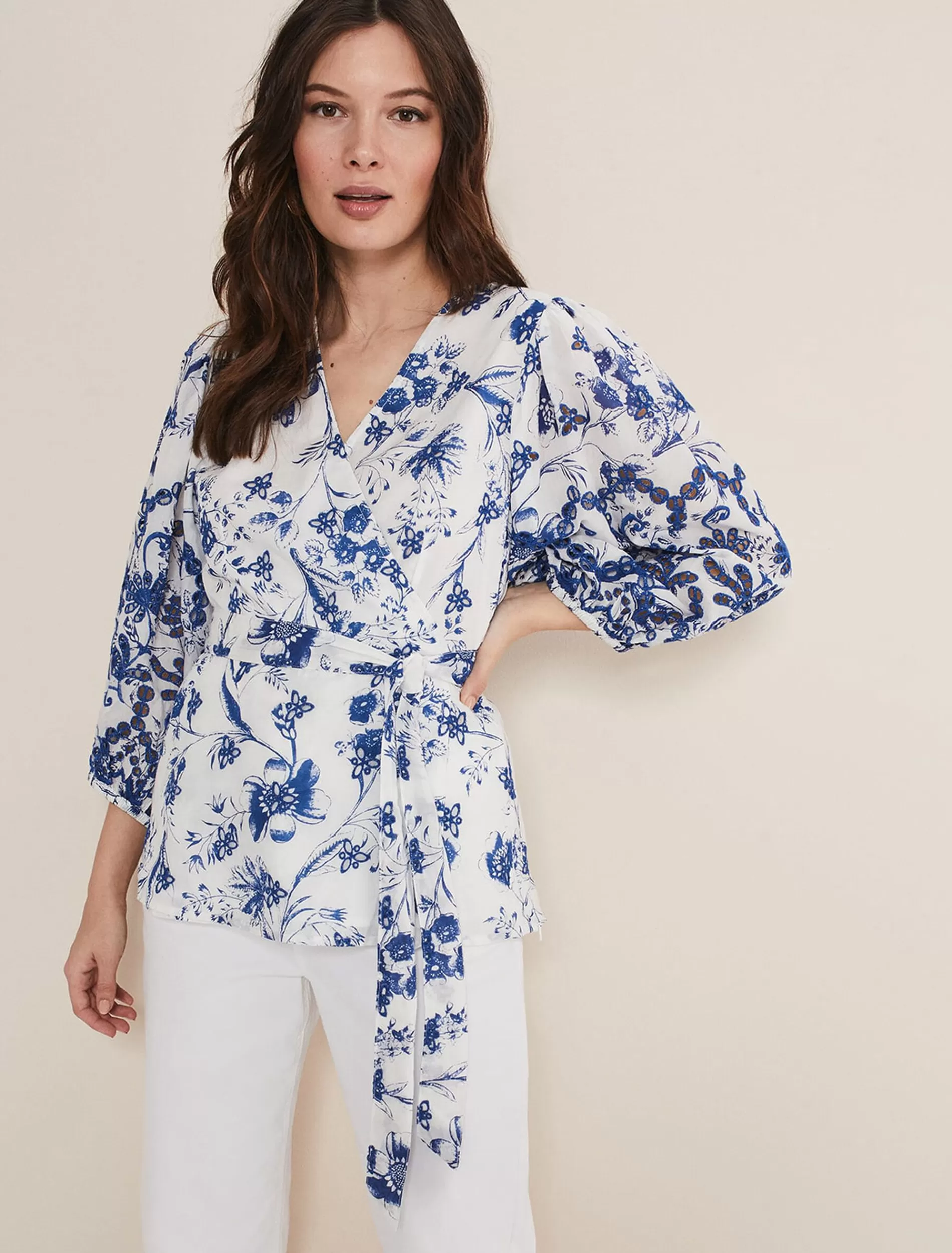Phase Eight Alice Embroidered Blouse Blue/White Store