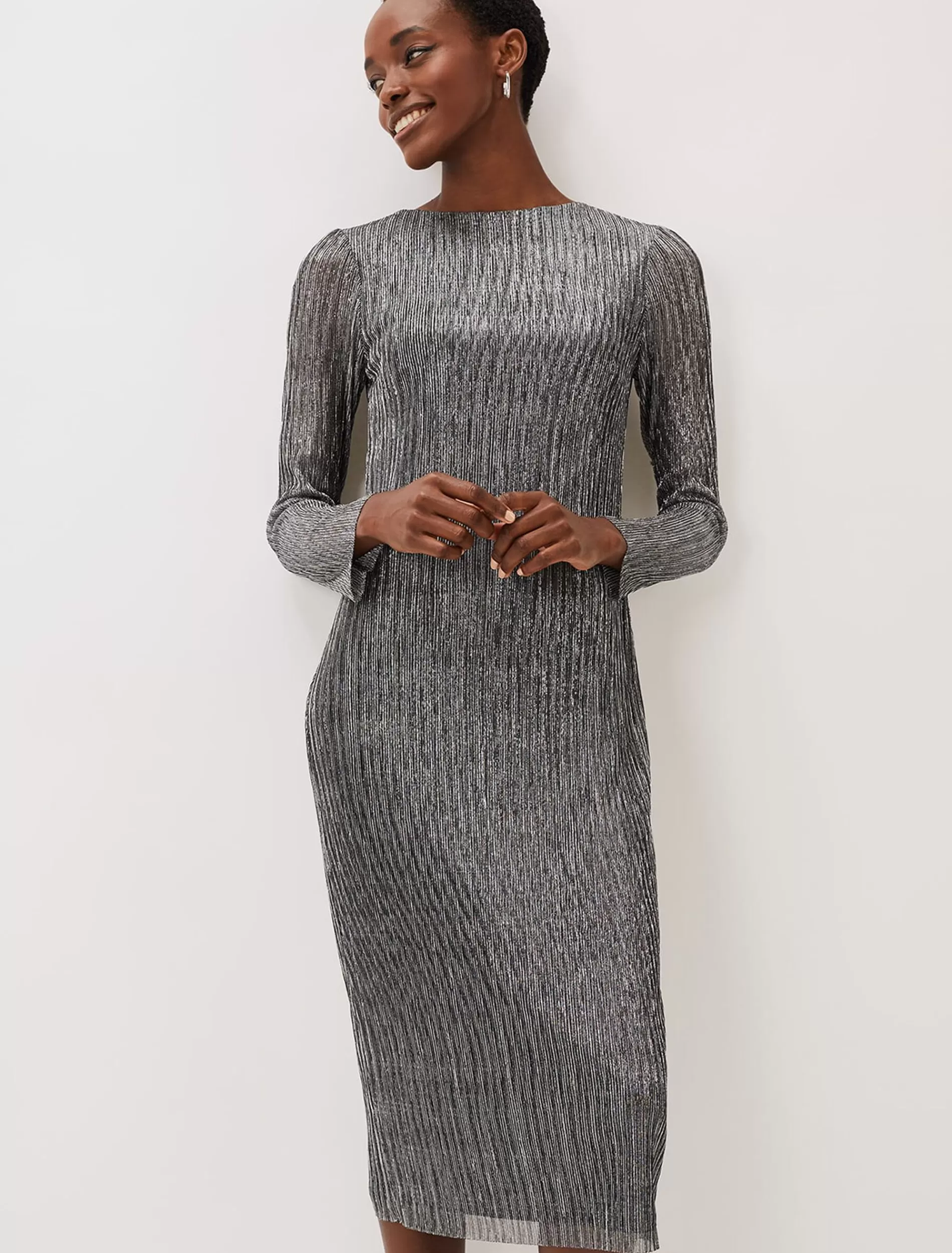 Phase Eight Alix Plisse Midi Dress Silver Sale
