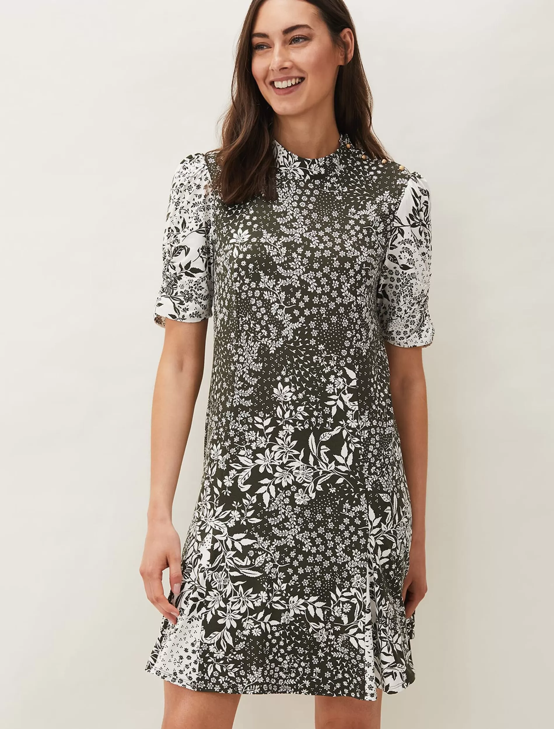 Phase Eight Alva Mixed Print Dress Khaki/Ivory Discount
