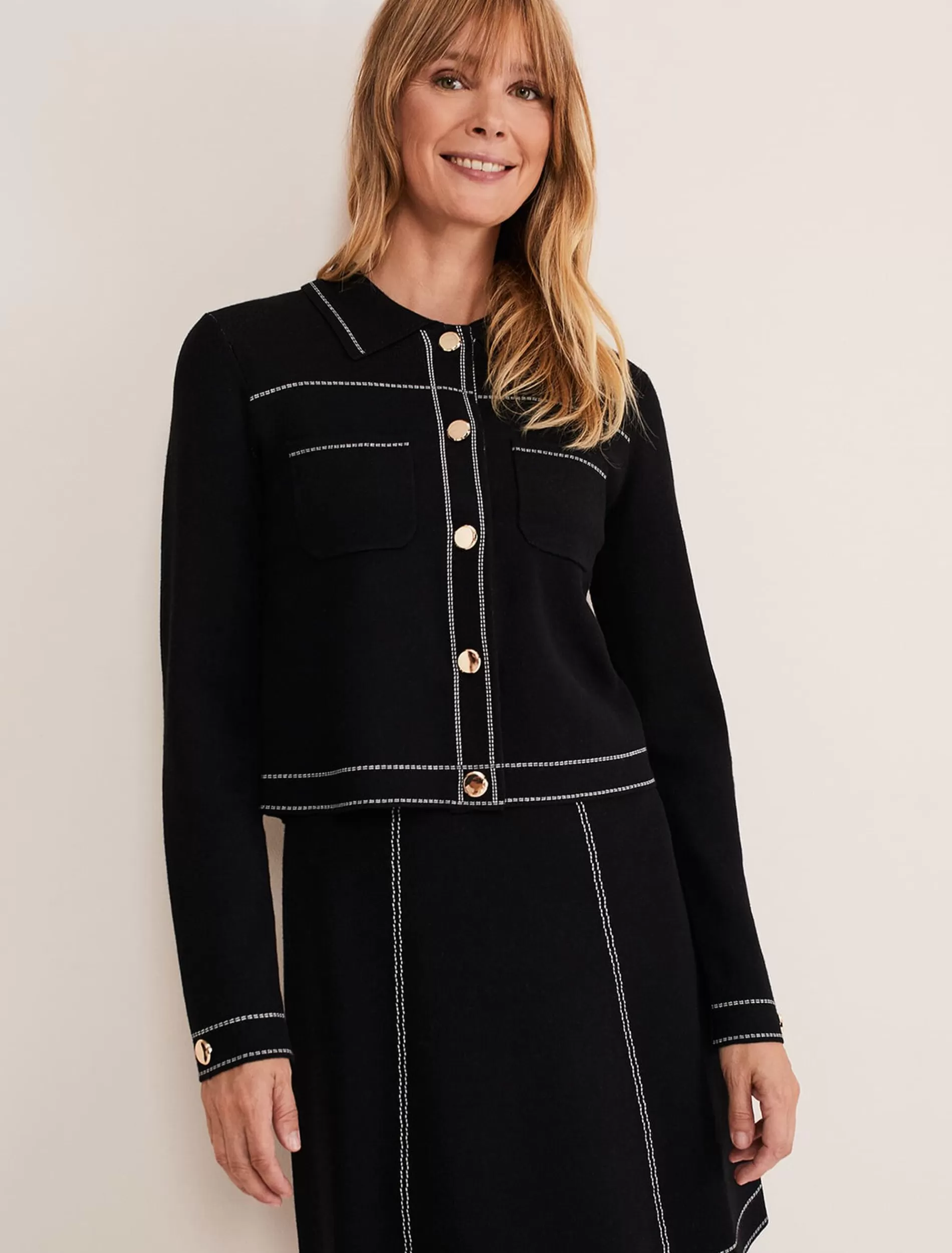 Phase Eight Amaya Contrast Stitch Knit Jacket Black Outlet