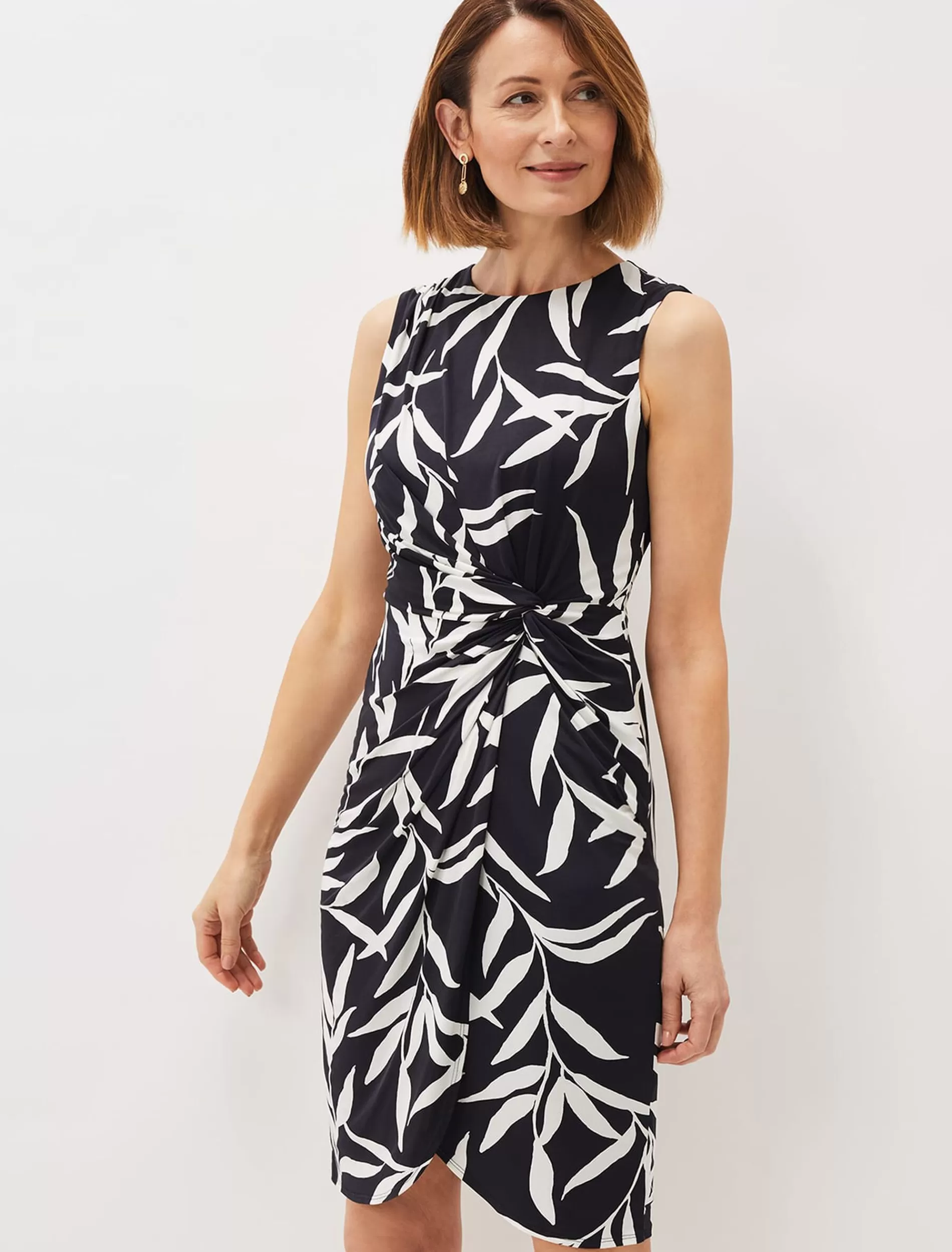Phase Eight Amber Leaf Print Fitted Jersey Dress Navy/Ivory Store