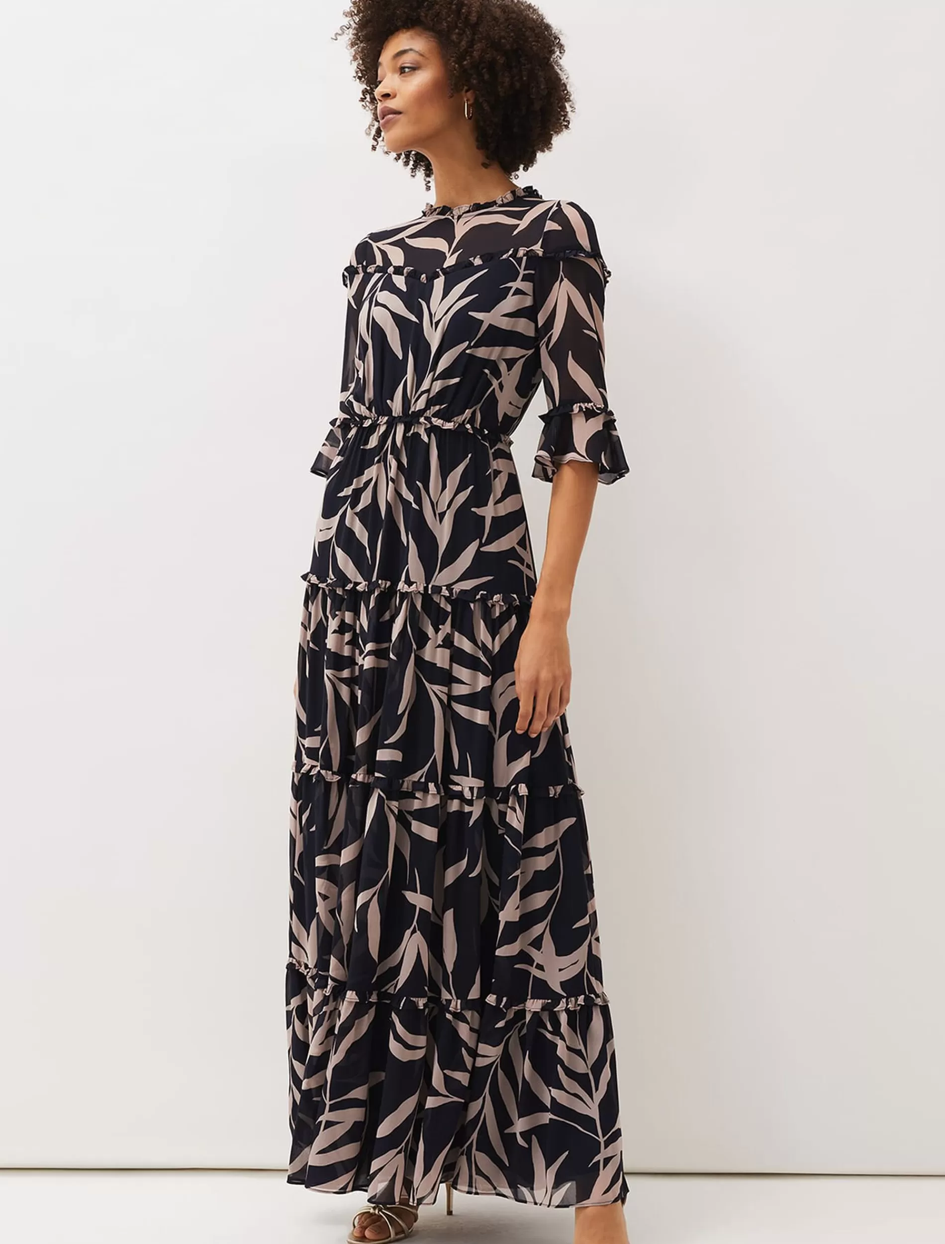 Phase Eight Amber Leaf Print Tiered Maxi Dress Navy/Taupe Discount