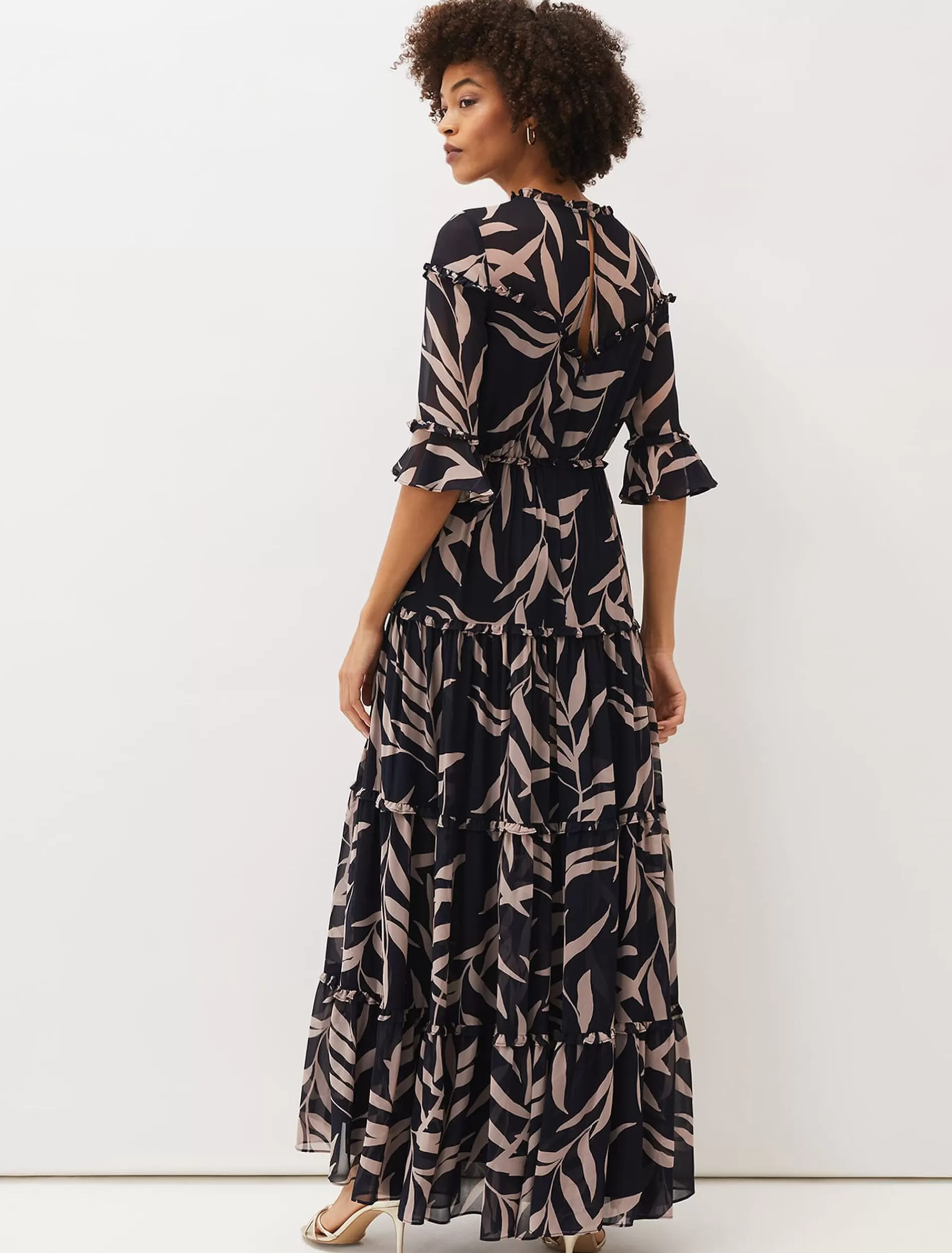 Phase Eight Amber Leaf Print Tiered Maxi Dress Navy/Taupe Discount