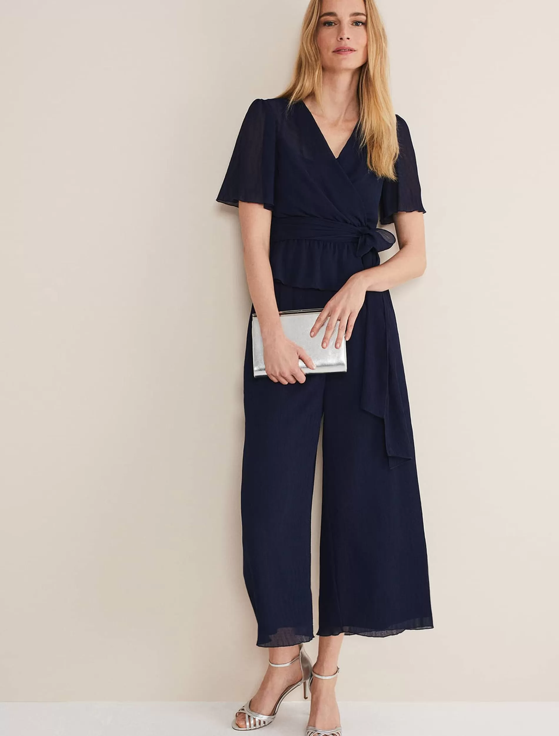 Phase Eight Aster Plisse Trousers Co-Ord French Navy Clearance