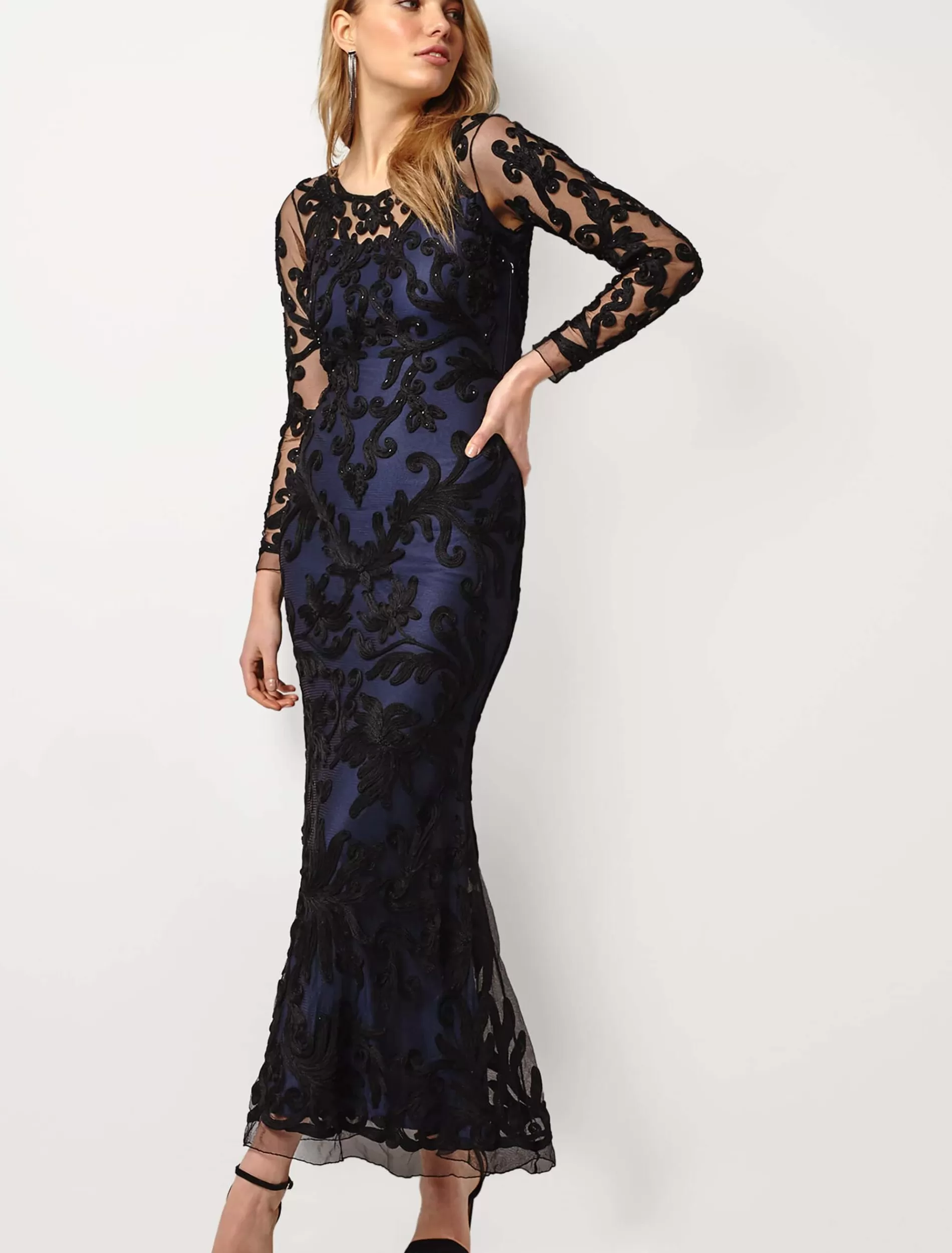 Phase Eight Aubree Tapework Lace Maxi Dress Black/Midnight Hot