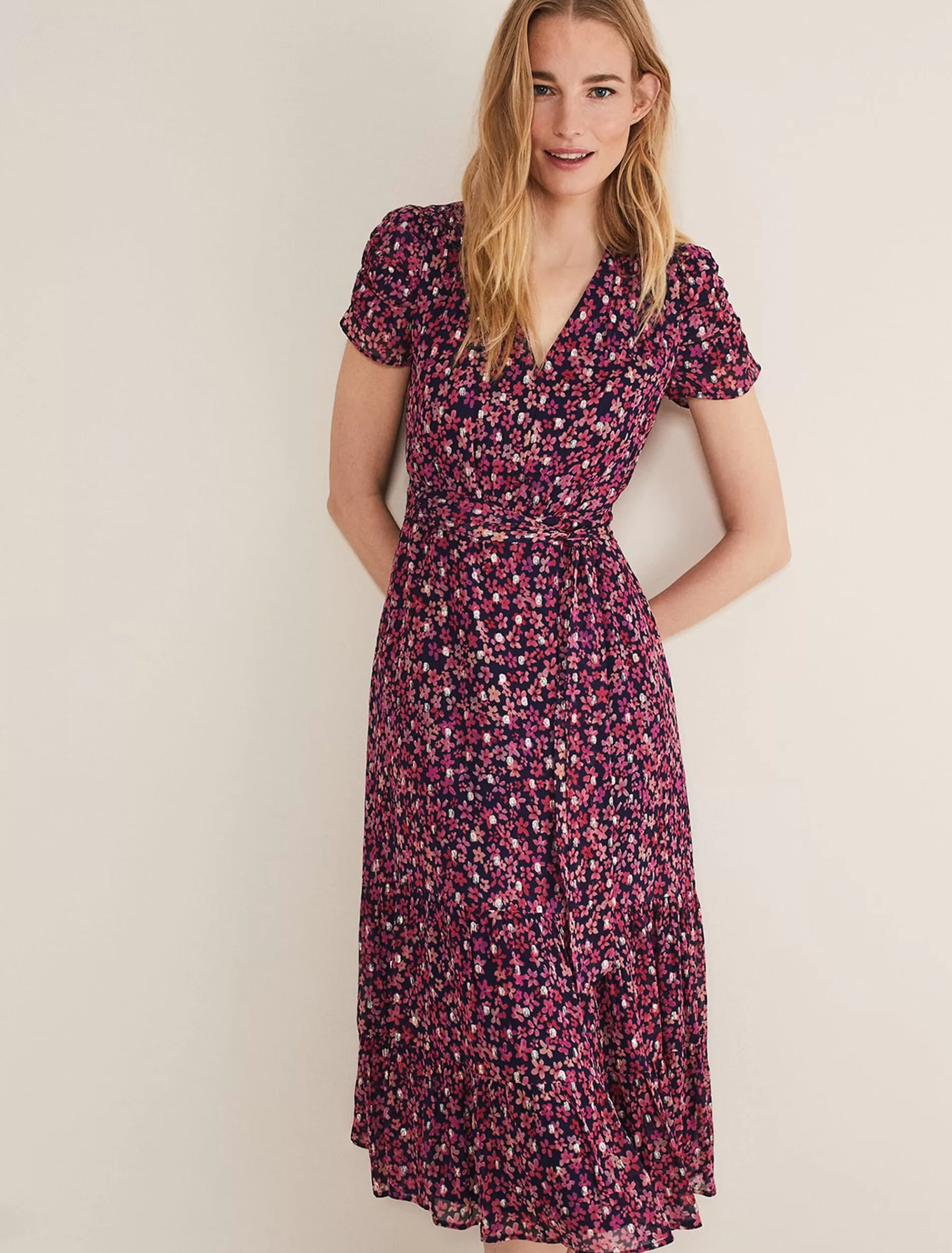 Phase Eight Azalea Ditsy Short Sleeve Midi Dress Pink/Multi Hot