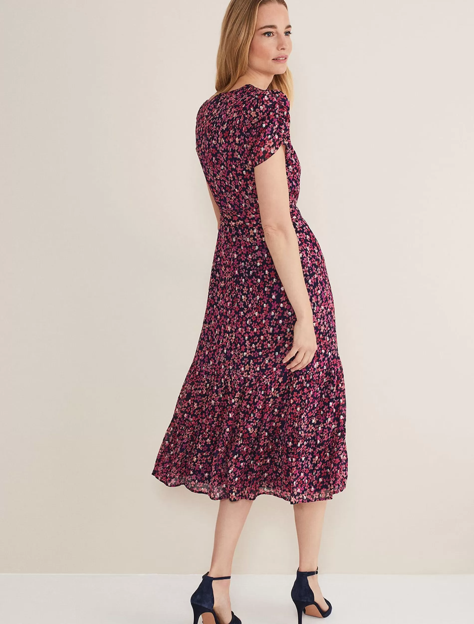 Phase Eight Azalea Ditsy Short Sleeve Midi Dress Pink/Multi Hot