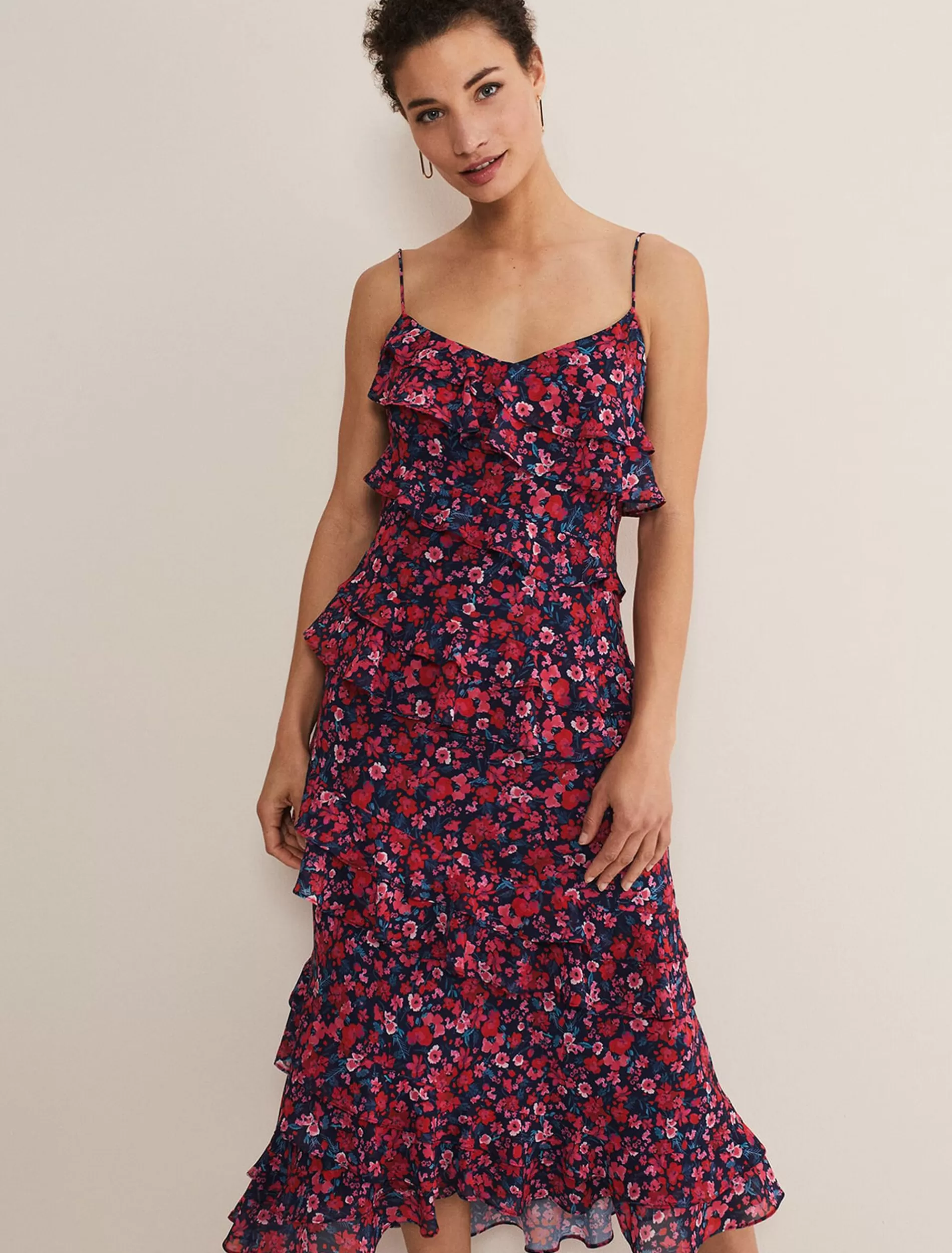 Phase Eight Ballie Strappy Asymmetric Frill Dress Navy/Multi New