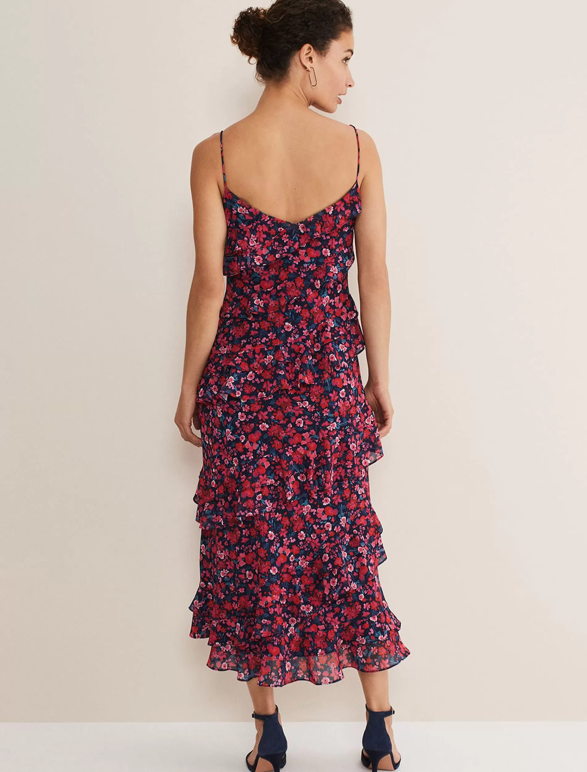 Phase Eight Ballie Strappy Asymmetric Frill Dress Navy/Multi New