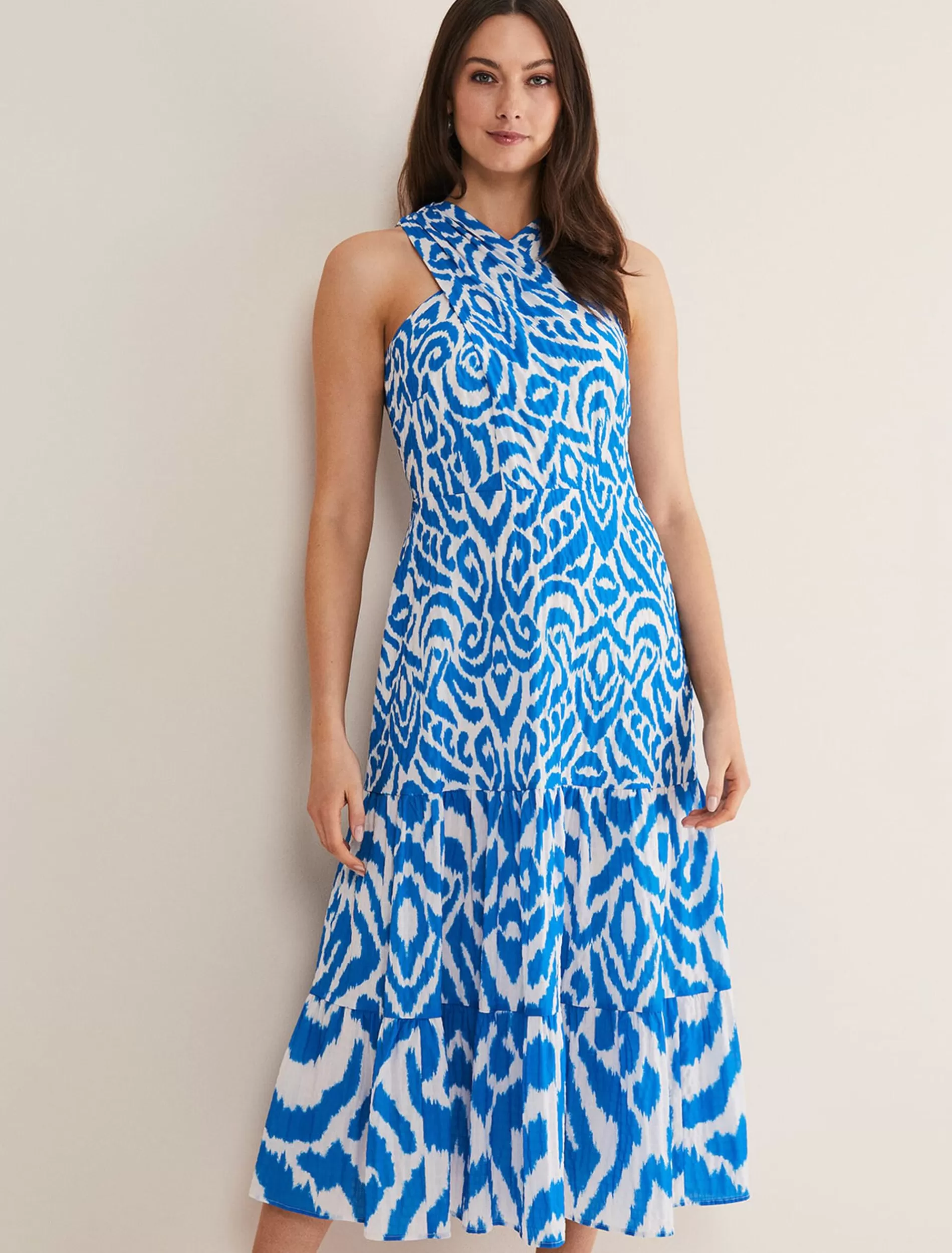 Phase Eight Bella Cross Neck Print Midi Dress Azure Blue/Cream Clearance