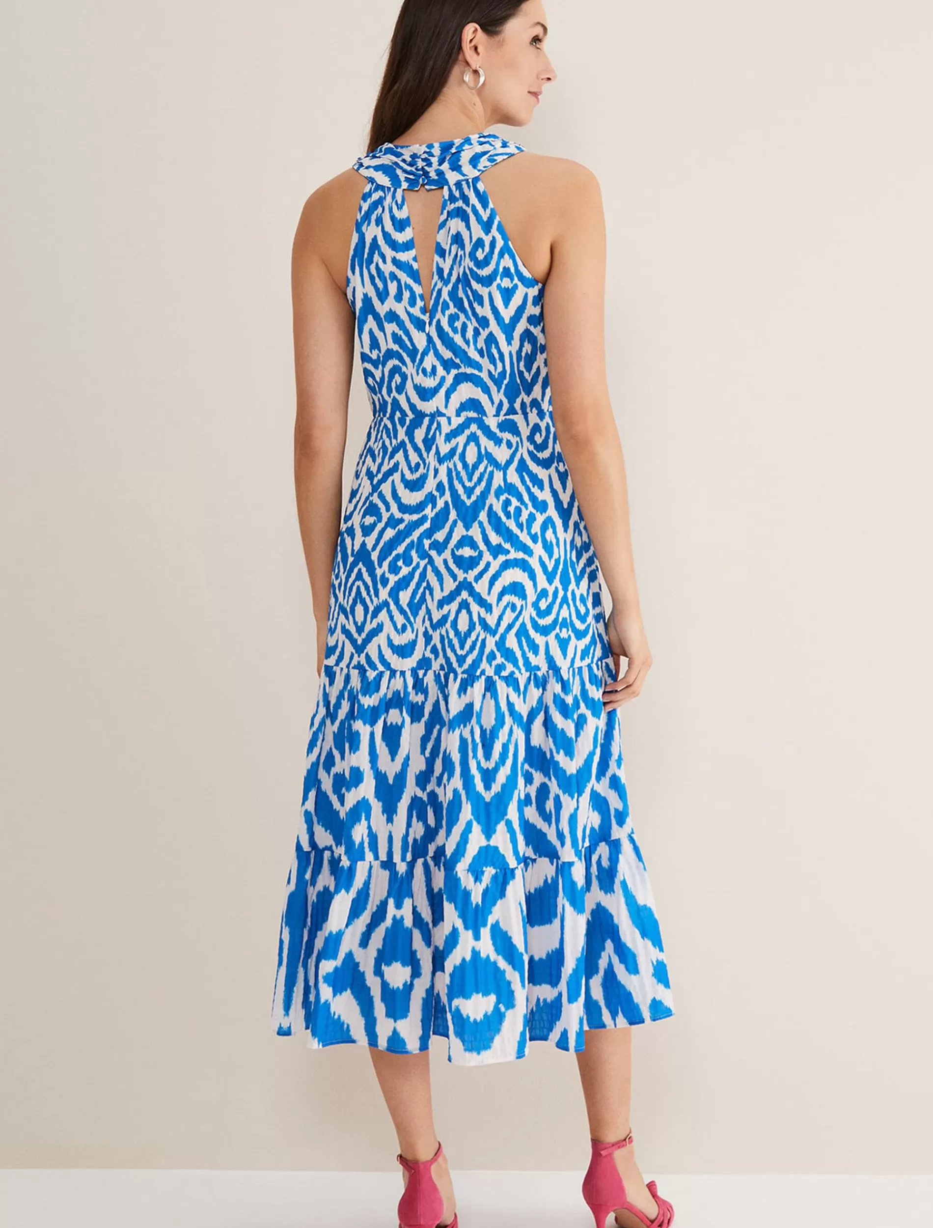 Phase Eight Bella Cross Neck Print Midi Dress Azure Blue/Cream Clearance