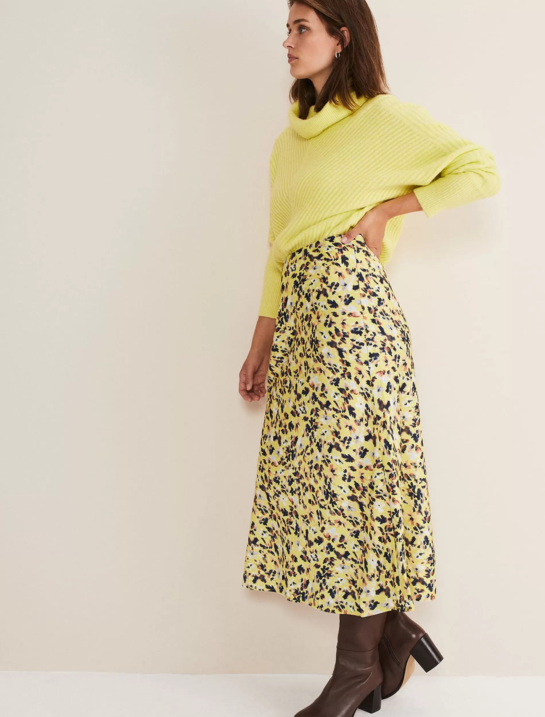 Phase Eight Blaire Floral Satin Slip Skirt Yellow Online