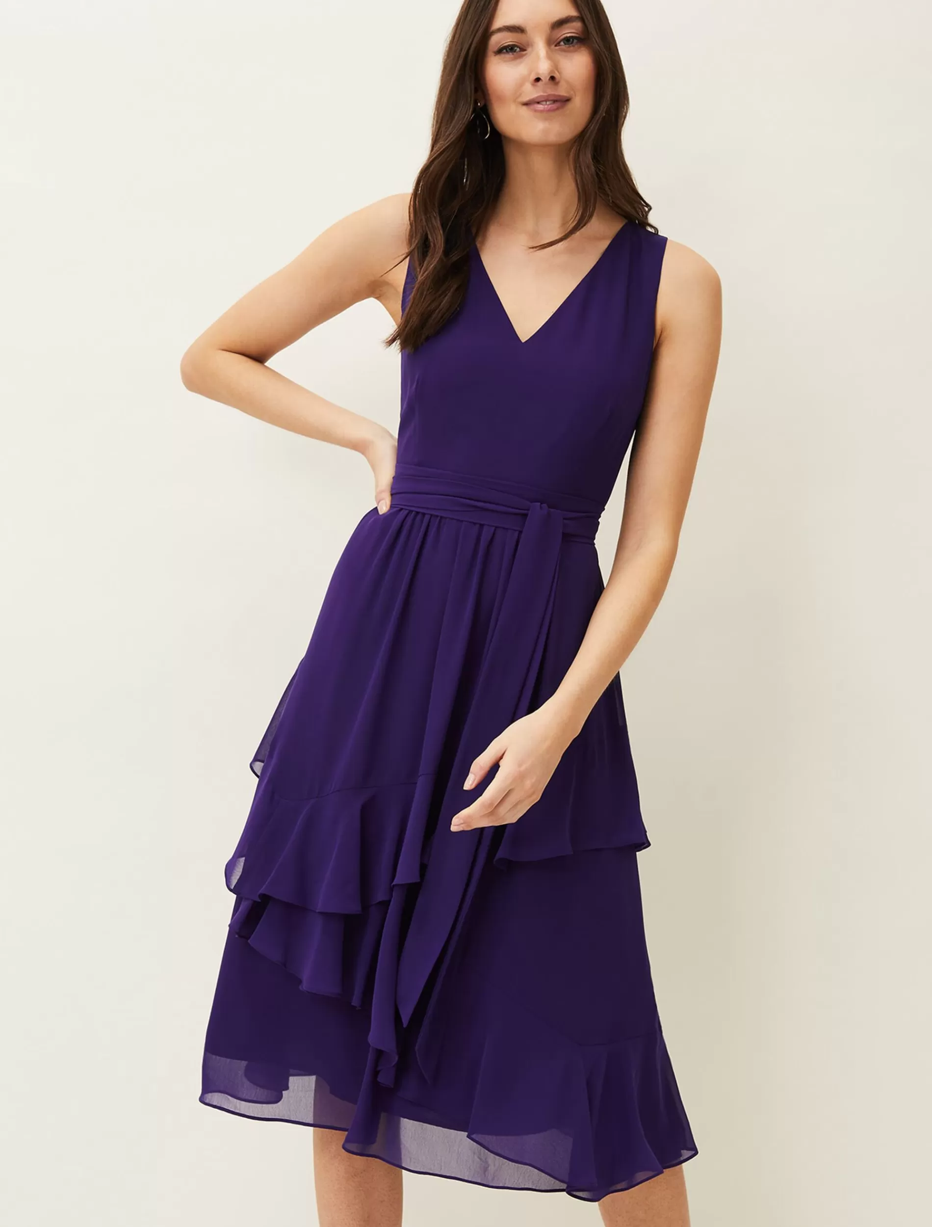 Phase Eight Breesha Tiered V-Neck Fit And Flare Belted Dress Violet Sale