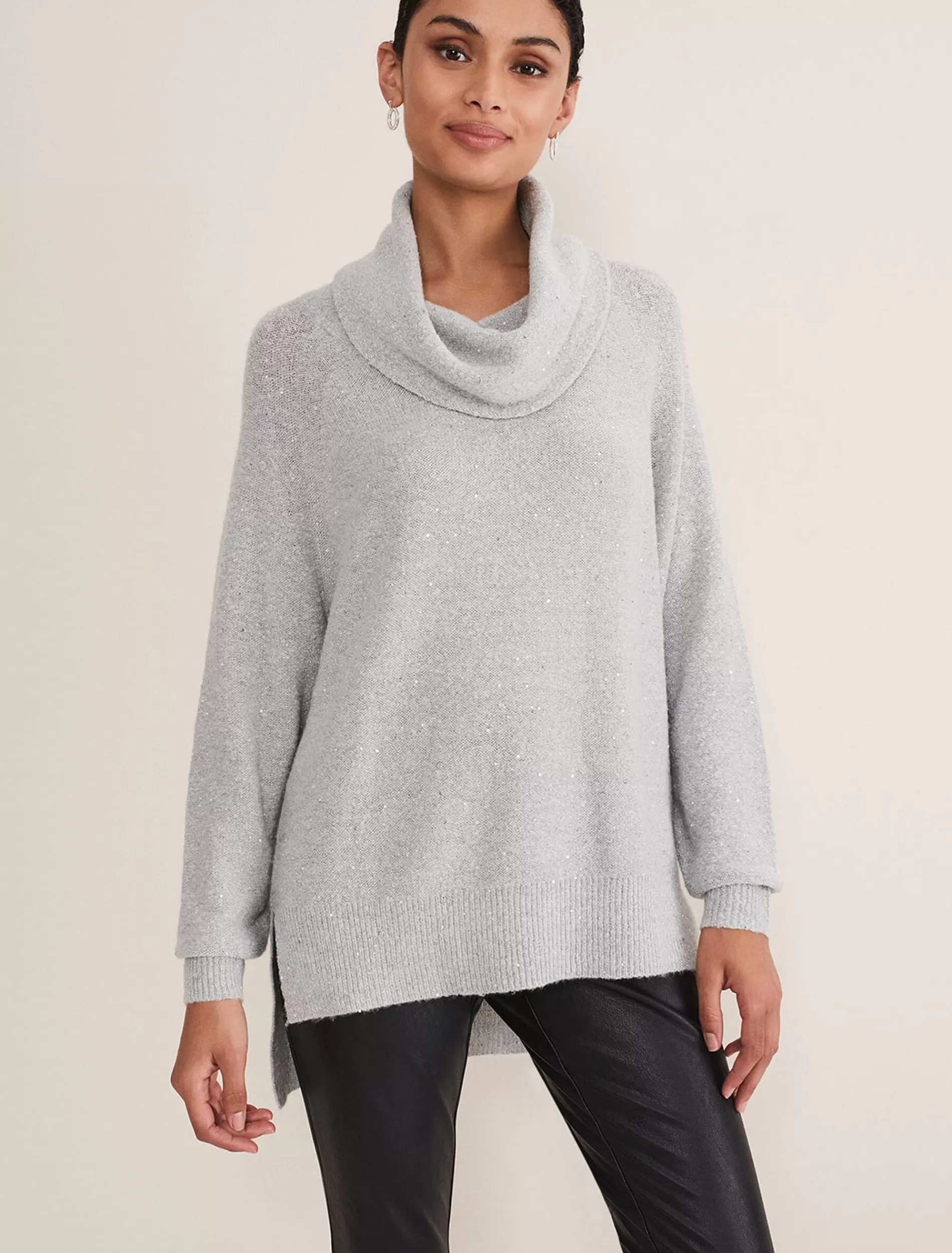 Phase Eight Bronte Cowl Neck Sequin Jumper Silver Best