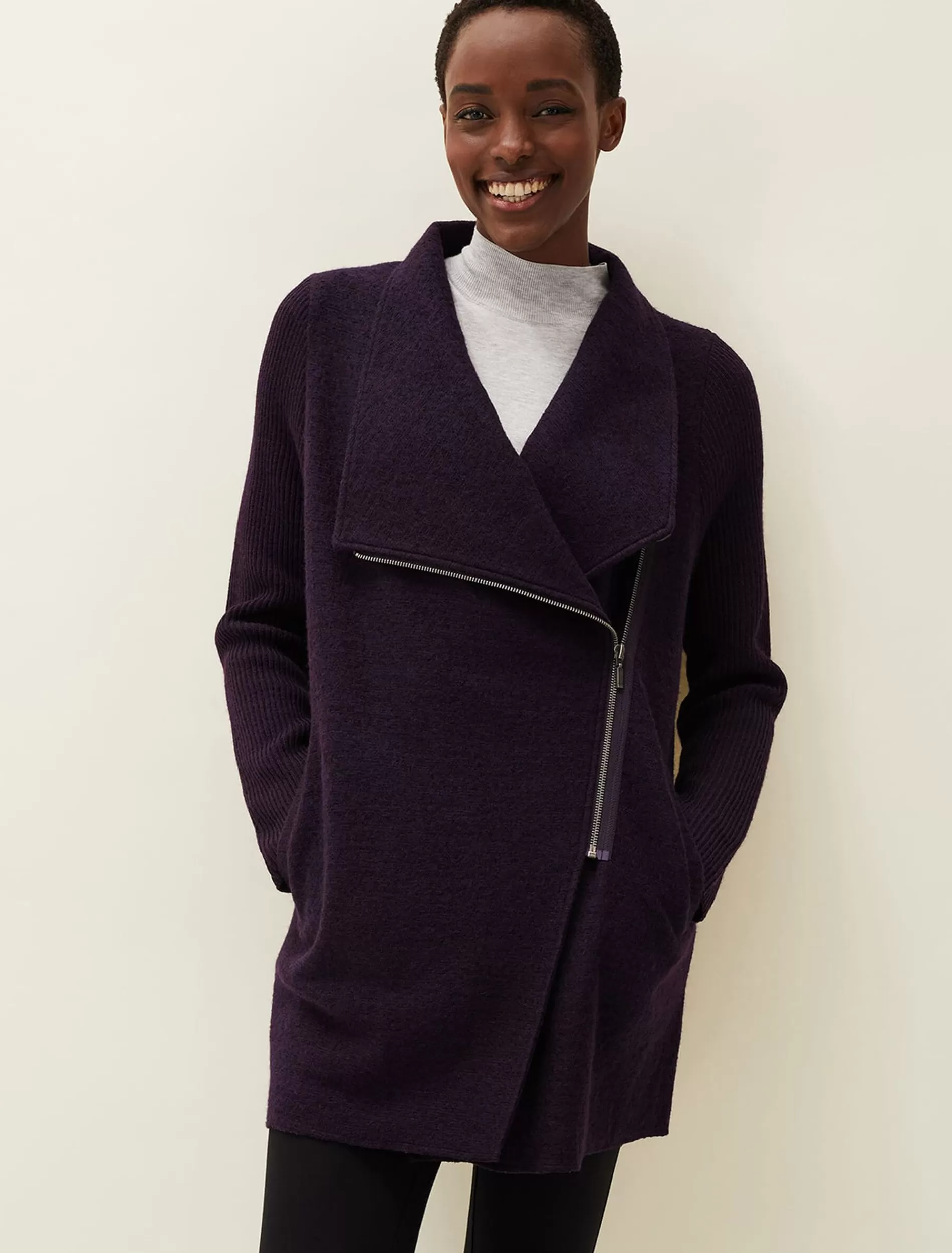 Phase Eight Byanca Zip Knit Coat Blackcurrant Store