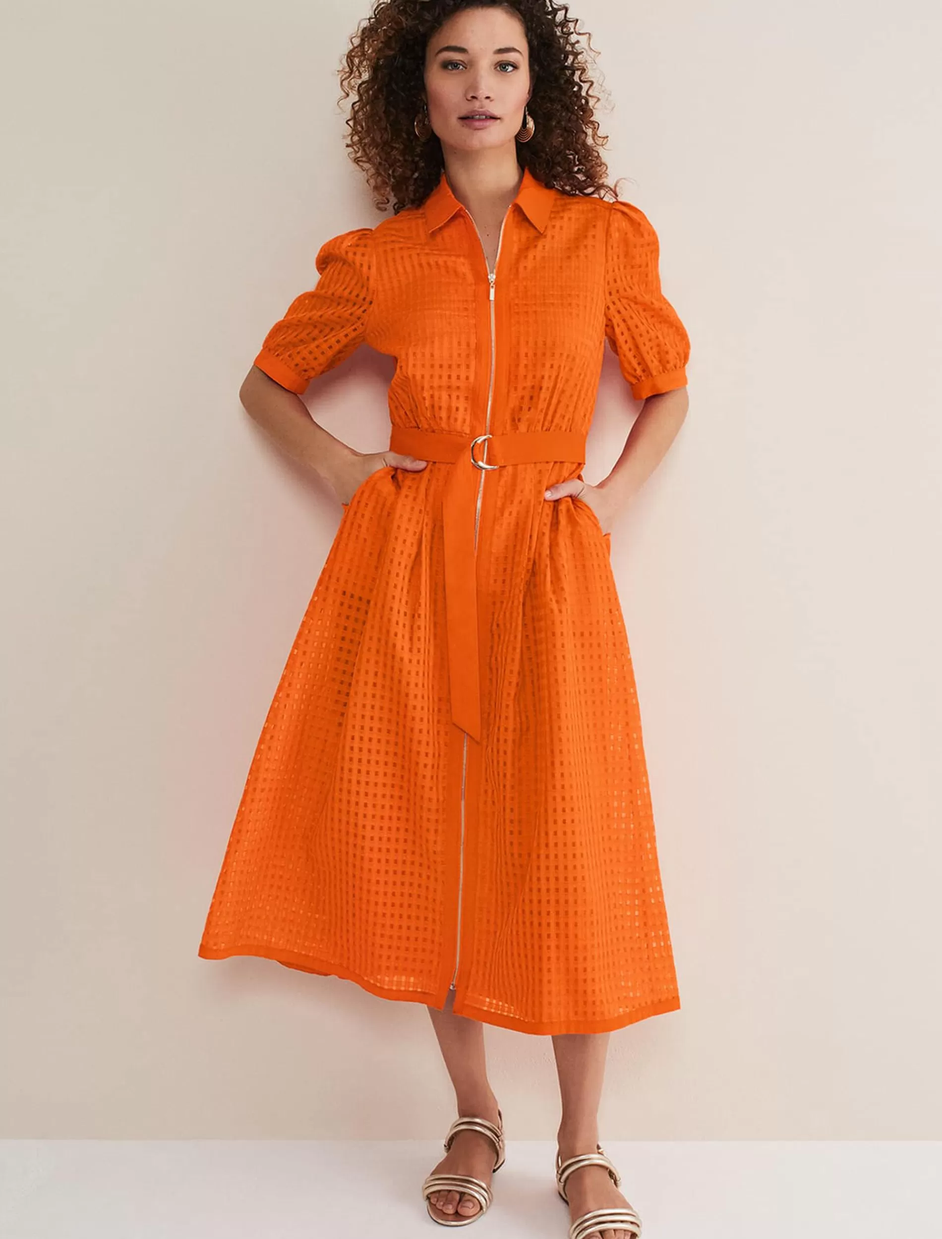 Phase Eight Carey Checked Textured Midi Dress Orange Shop