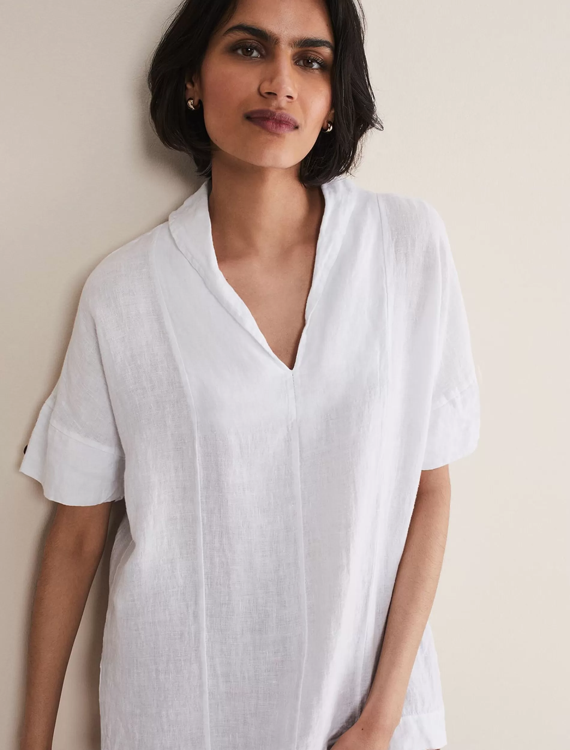 Phase Eight Carita V-Neck Linen Blouse White Clearance