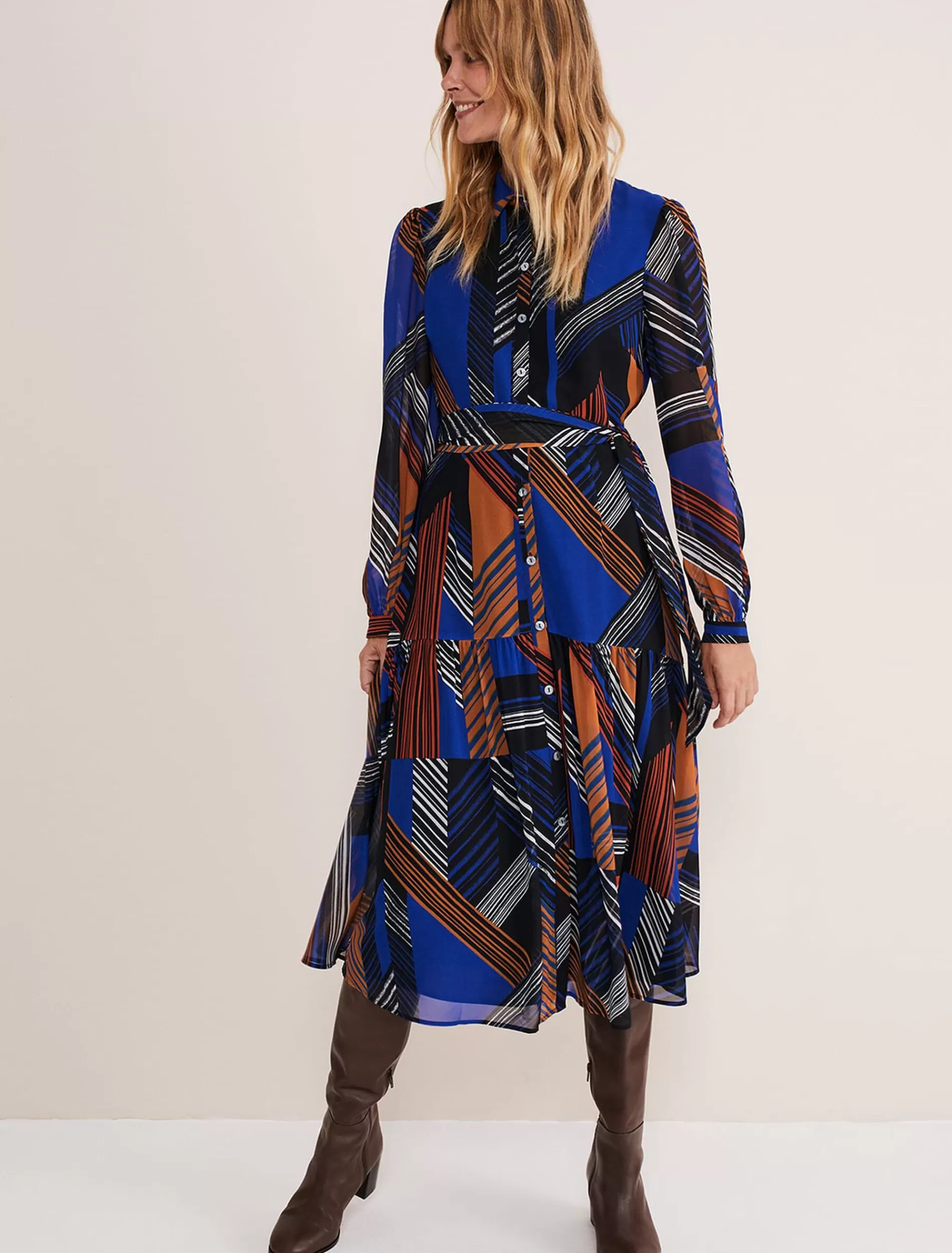 Phase Eight Chantilly Chiffon Shirt Dress Ochre/Blue/White Sale