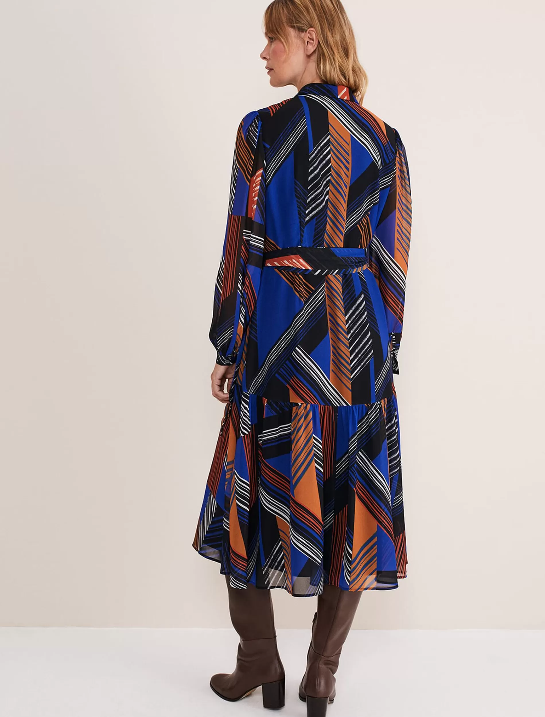 Phase Eight Chantilly Chiffon Shirt Dress Ochre/Blue/White Sale