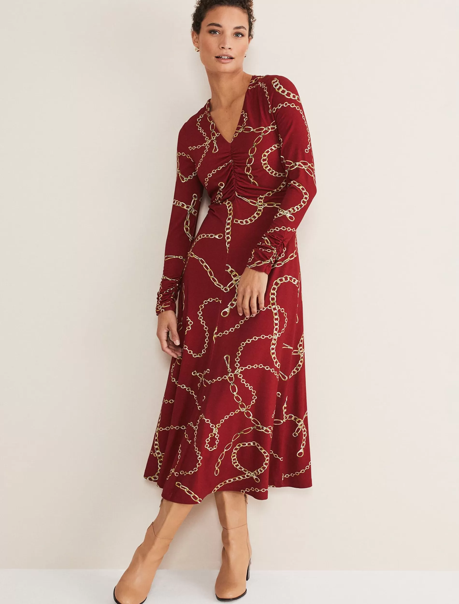 Phase Eight Cheska Chain Print Ruched Midi Dress Dark Red Clearance