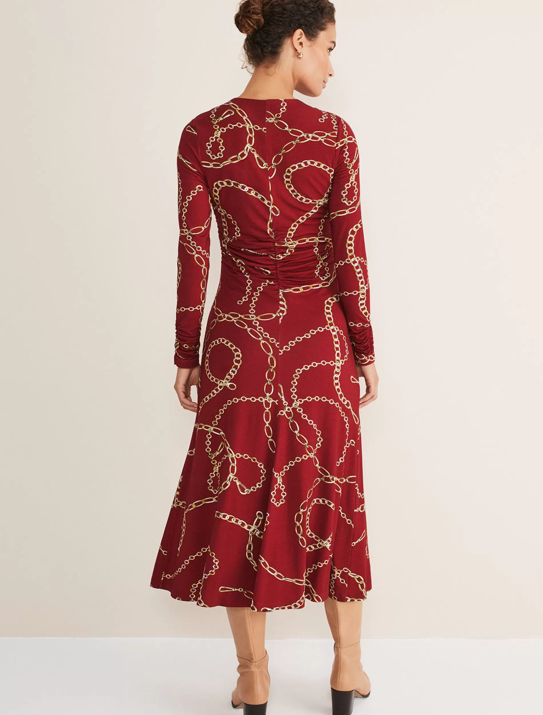 Phase Eight Cheska Chain Print Ruched Midi Dress Dark Red Clearance