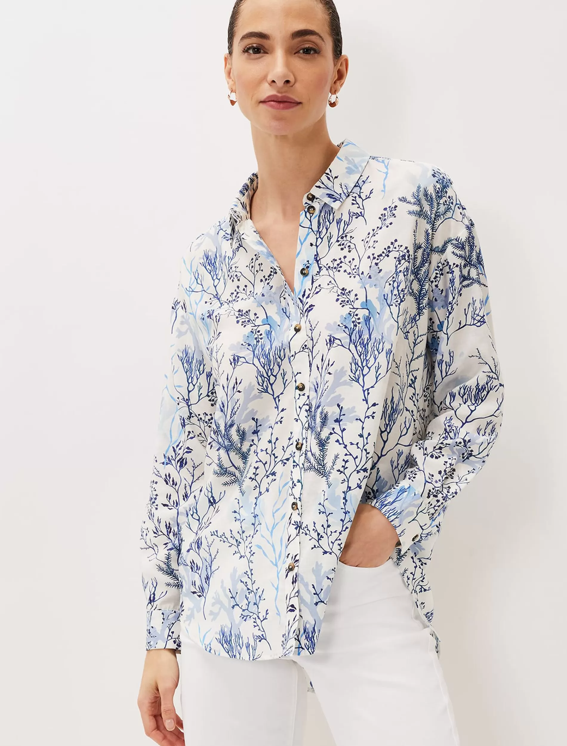 Phase Eight Claire Coral Print Shirt Blue/Ivory Outlet