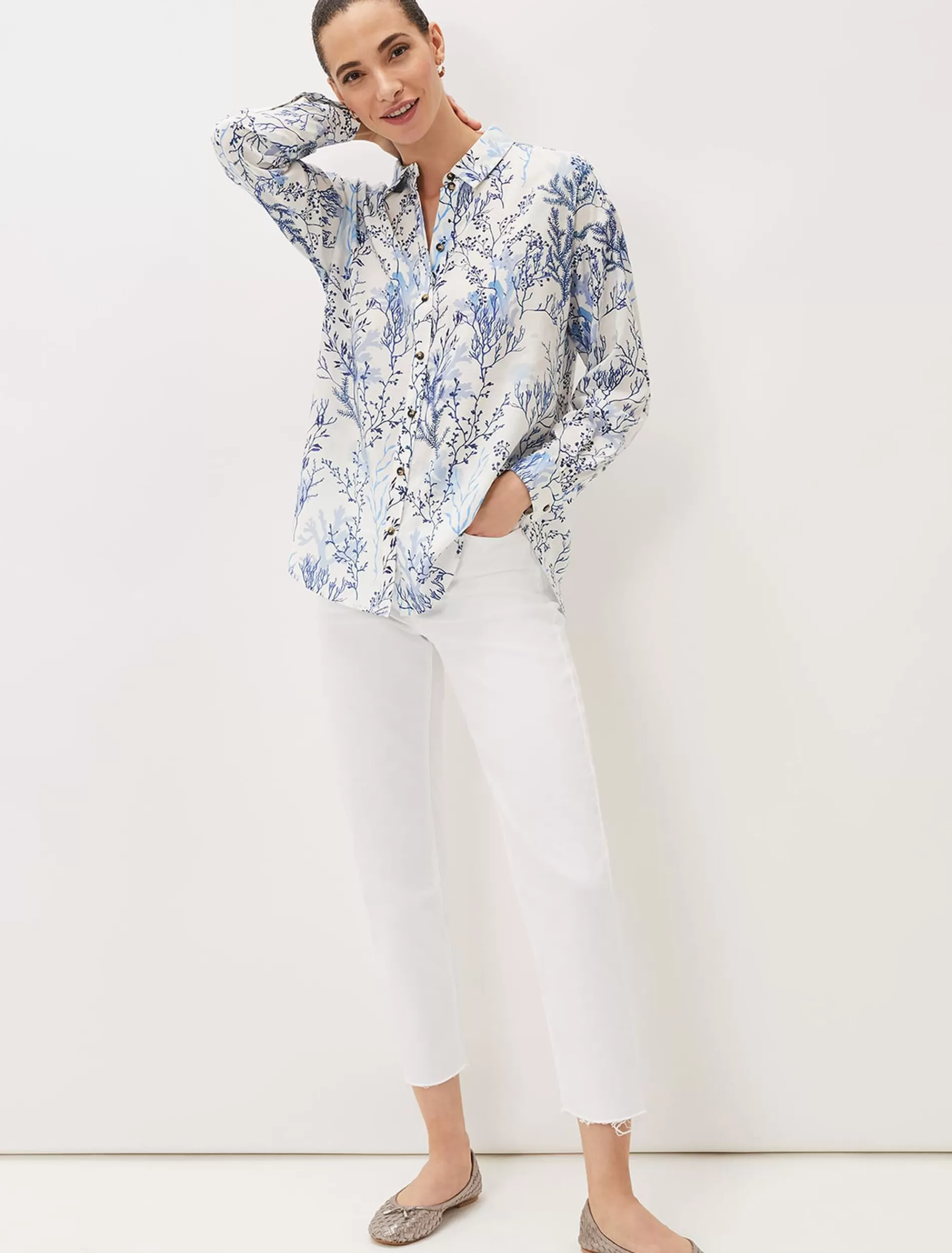 Phase Eight Claire Coral Print Shirt Blue/Ivory Outlet