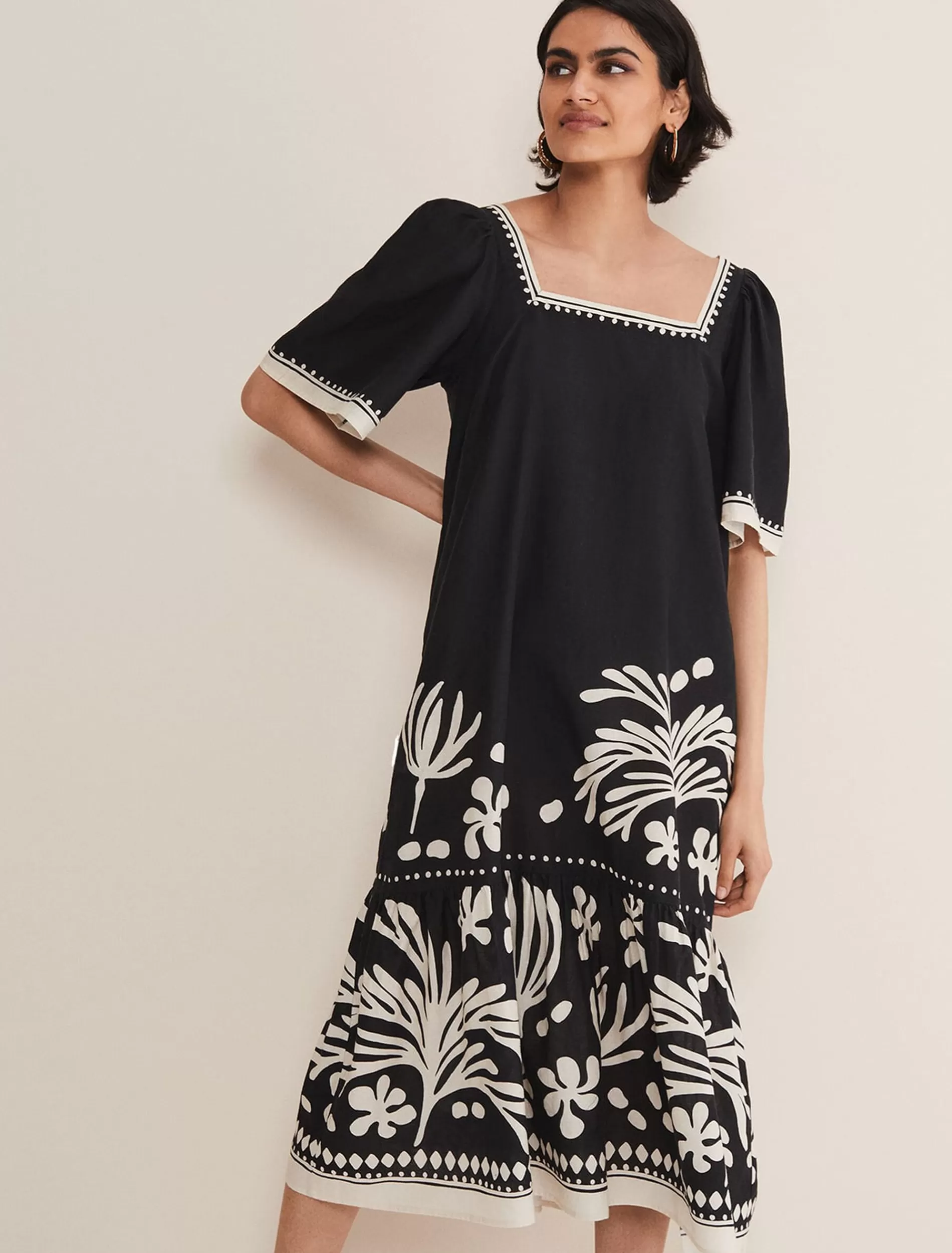 Phase Eight Claria Linen Midi Dress Black/Ivory Hot