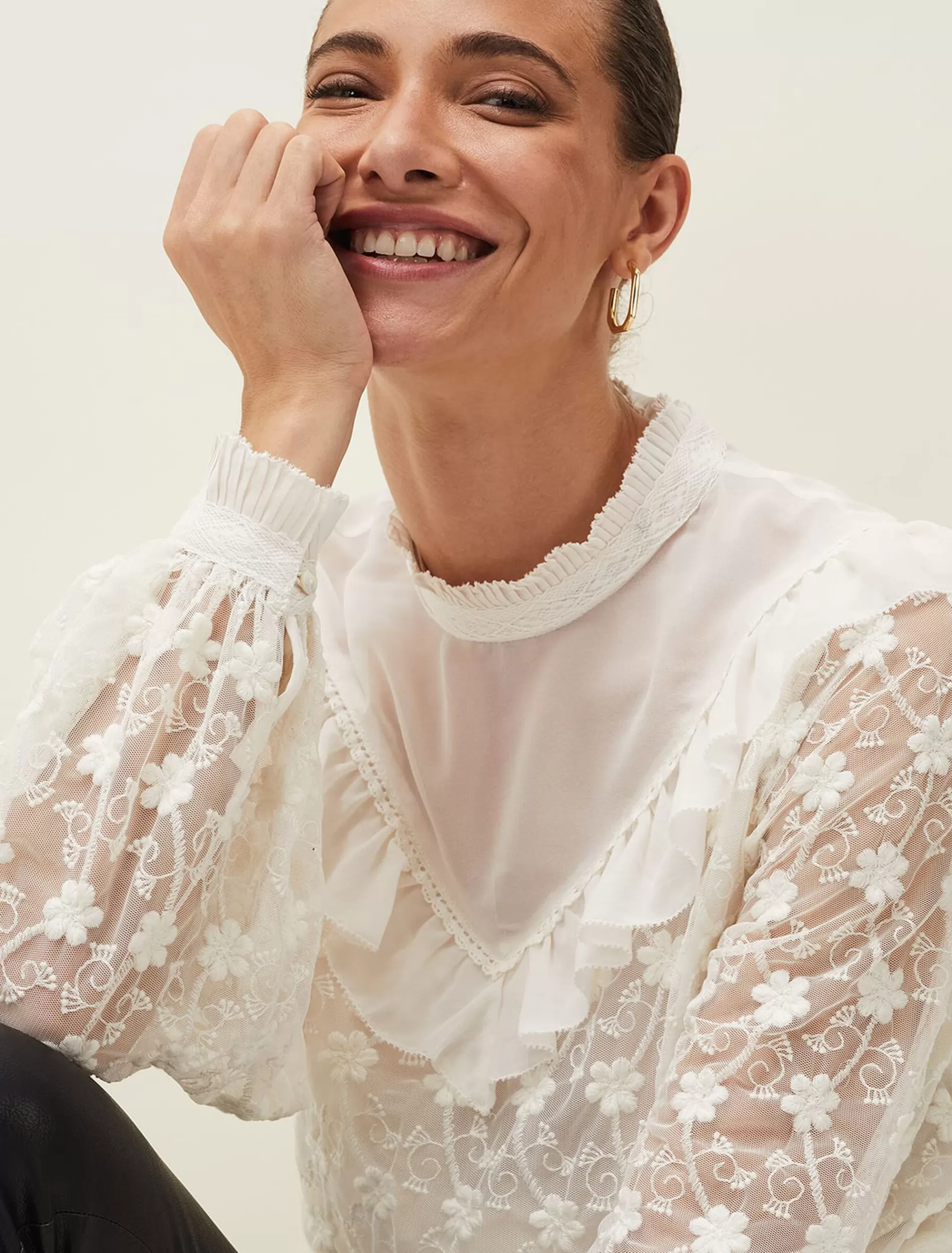 Phase Eight Coralina Embroidered Frill Blouse Oyster Flash Sale