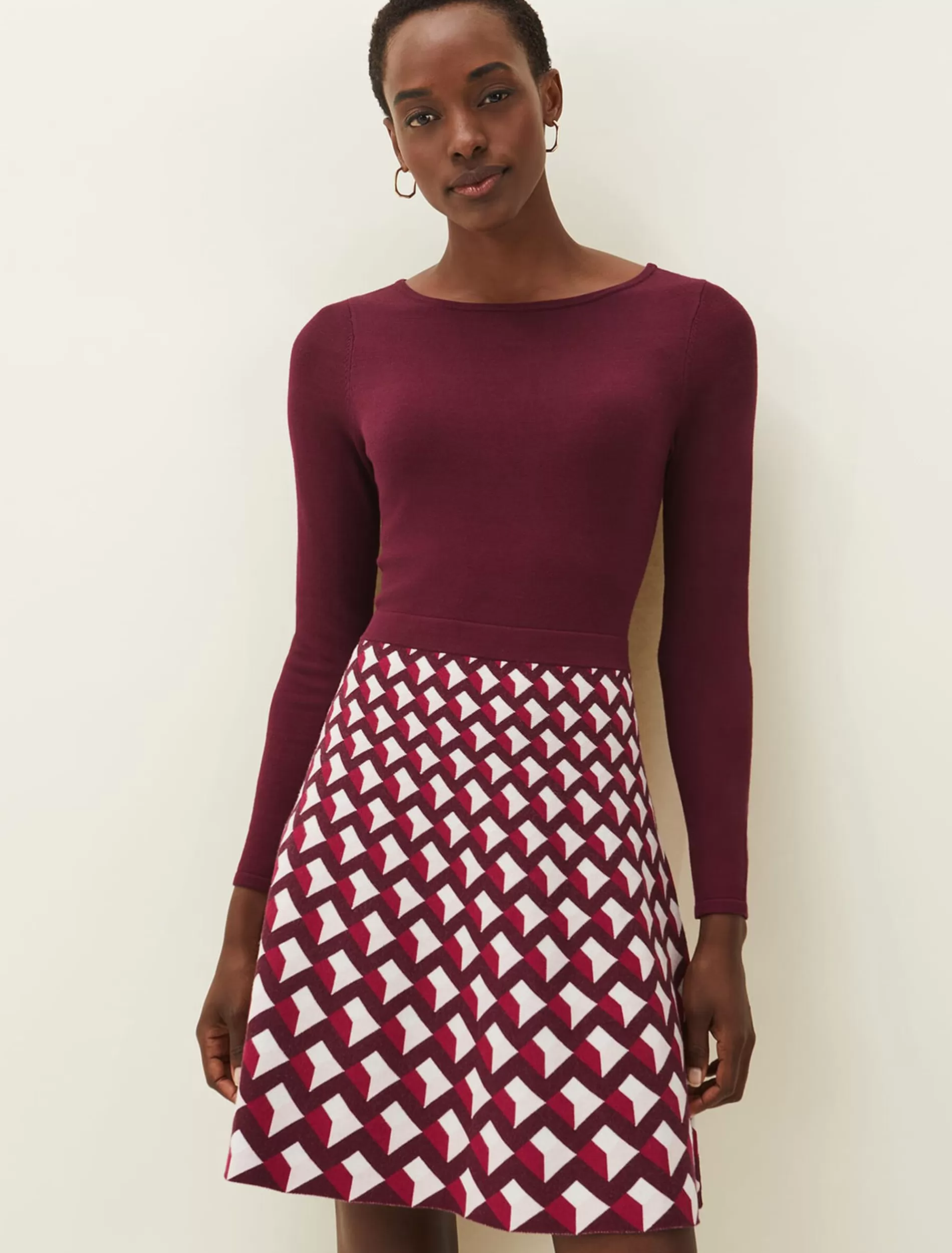 Phase Eight Coraline Print Knitted Dress Wine/Multi Sale