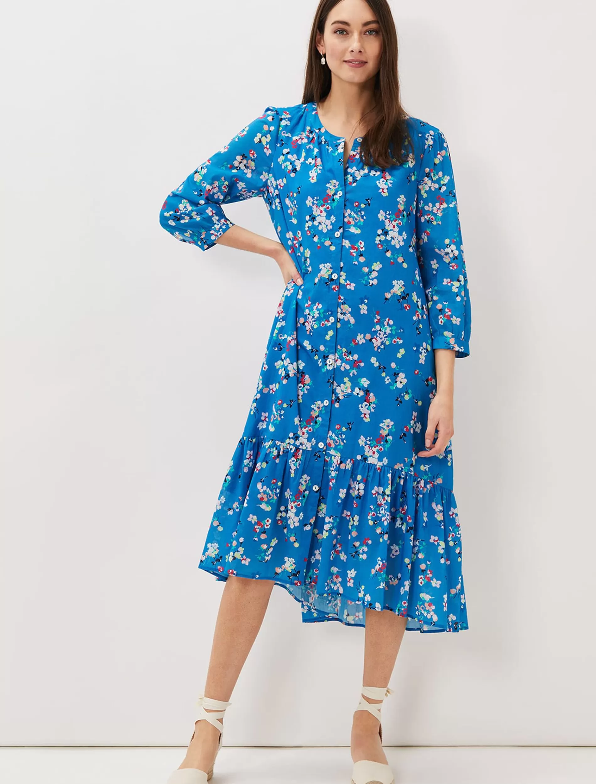 Phase Eight Cotton Floral Tiered Dress Bright Blue Discount