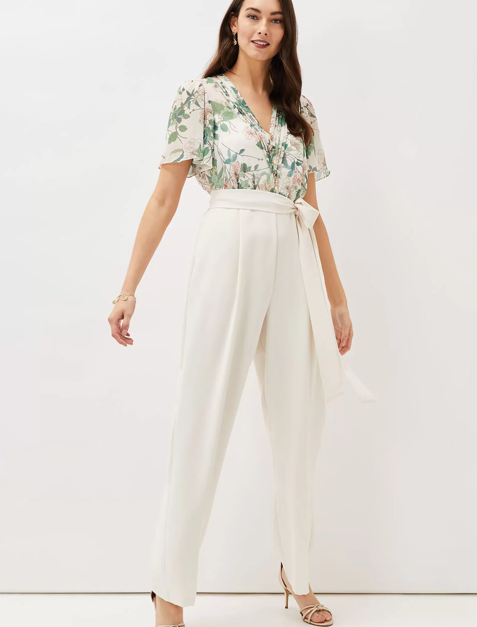 Phase Eight Dani Floral Print Wide Leg Jumpsuit Buttermilk New