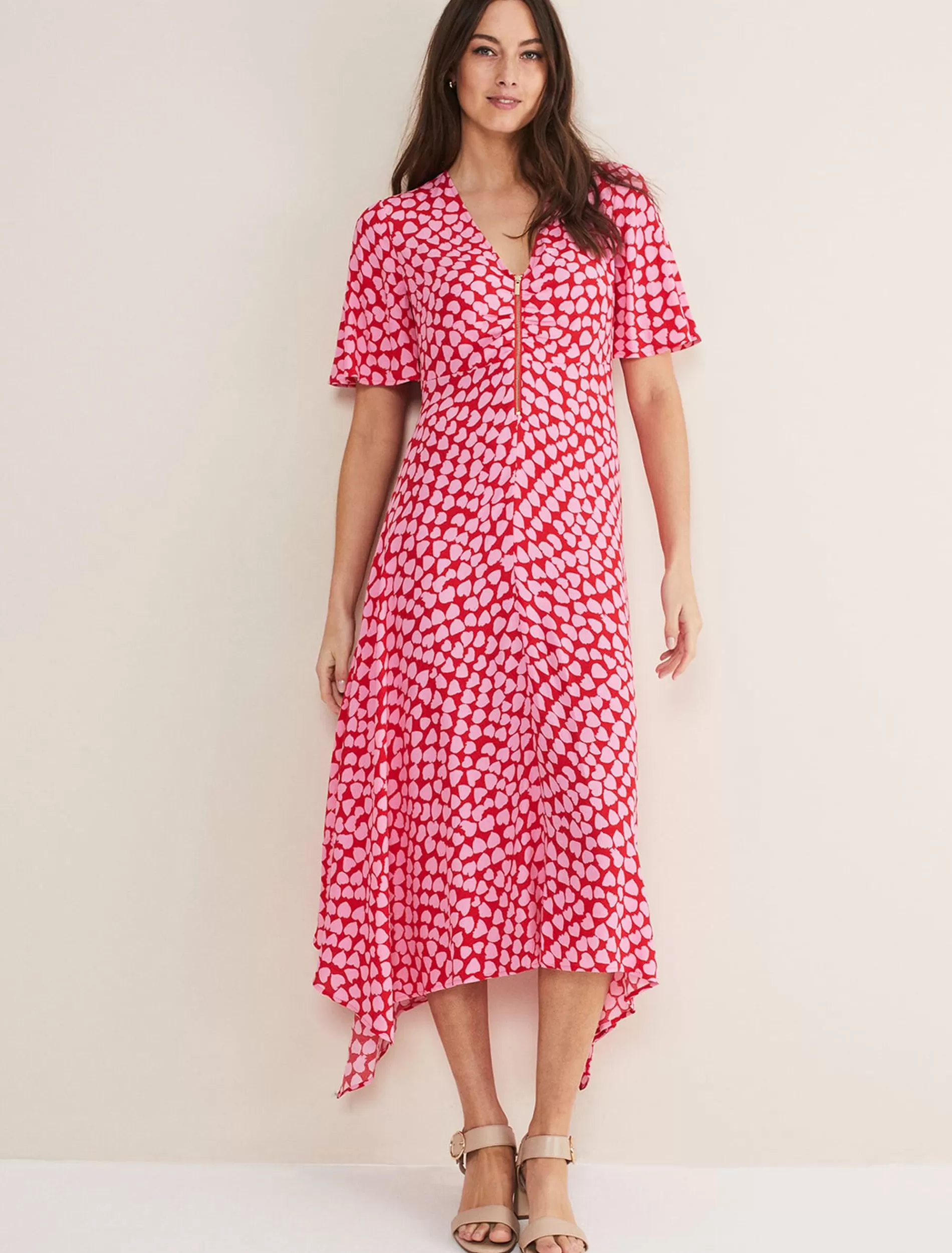 Phase Eight Darcie Heart Midi Dress Pink/Red Fashion