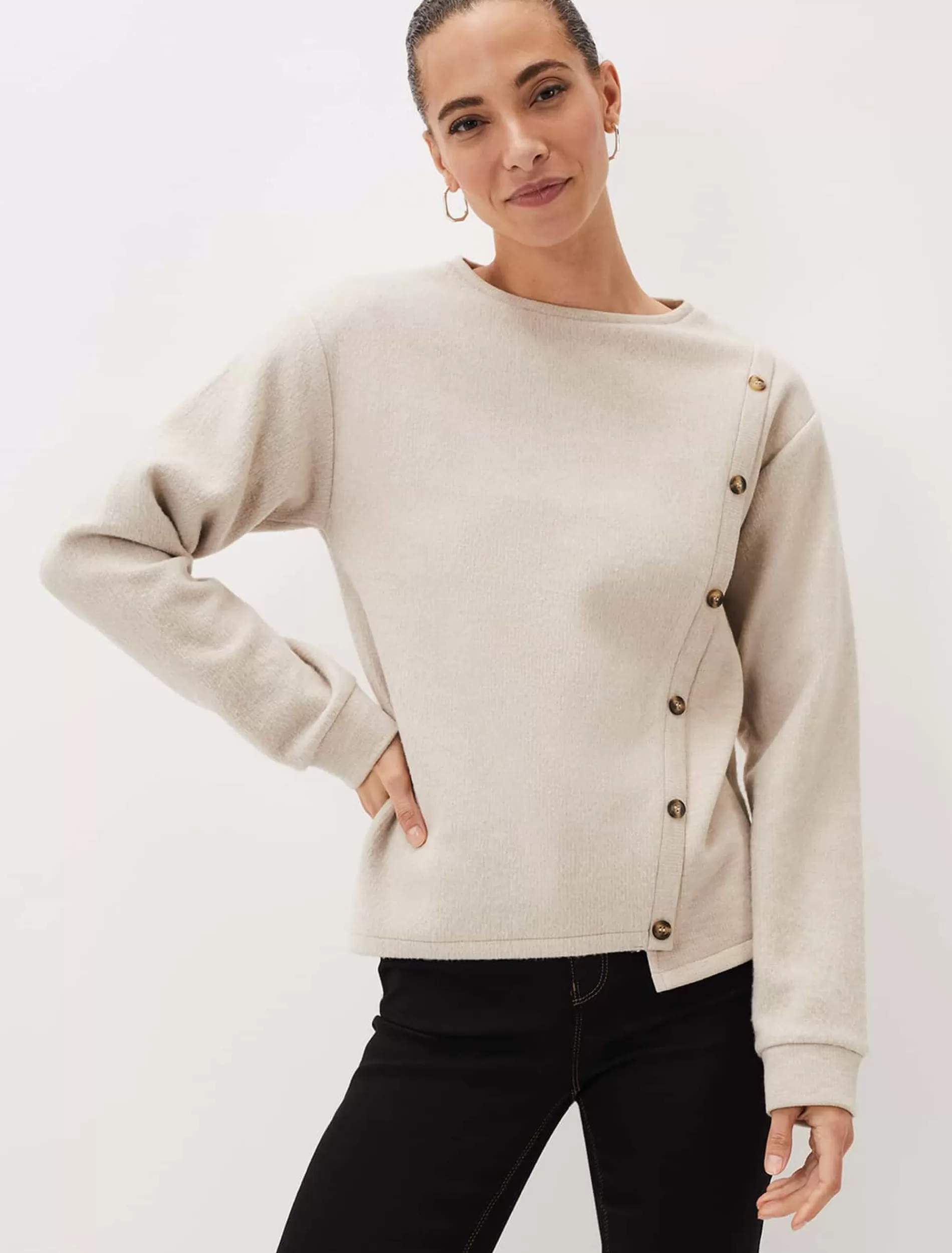 Phase Eight Dasha Button Detail Asymmetric Hem Top Oatmeal New