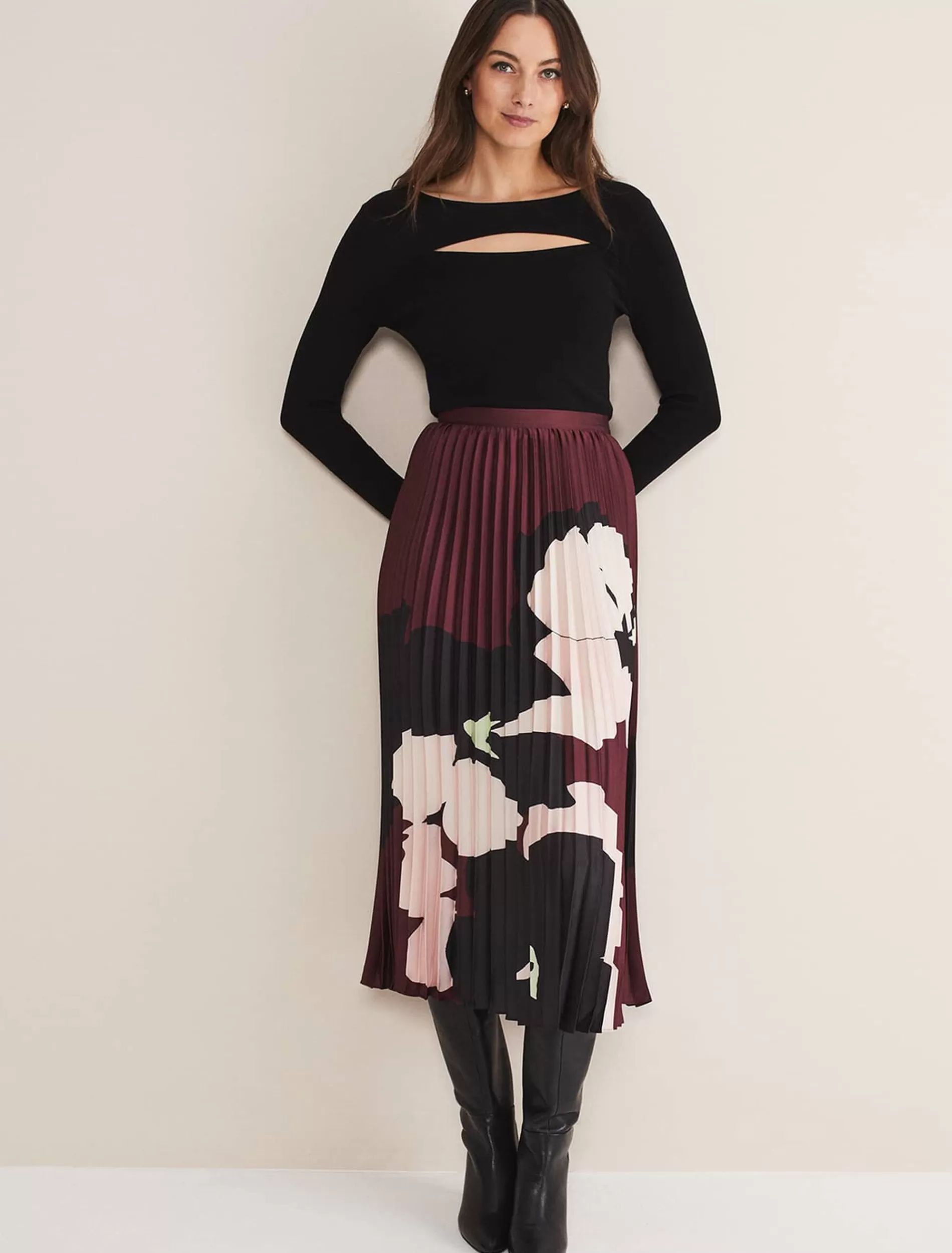 Phase Eight Delanie Satin Pleated Skirt Wine/Multi Online
