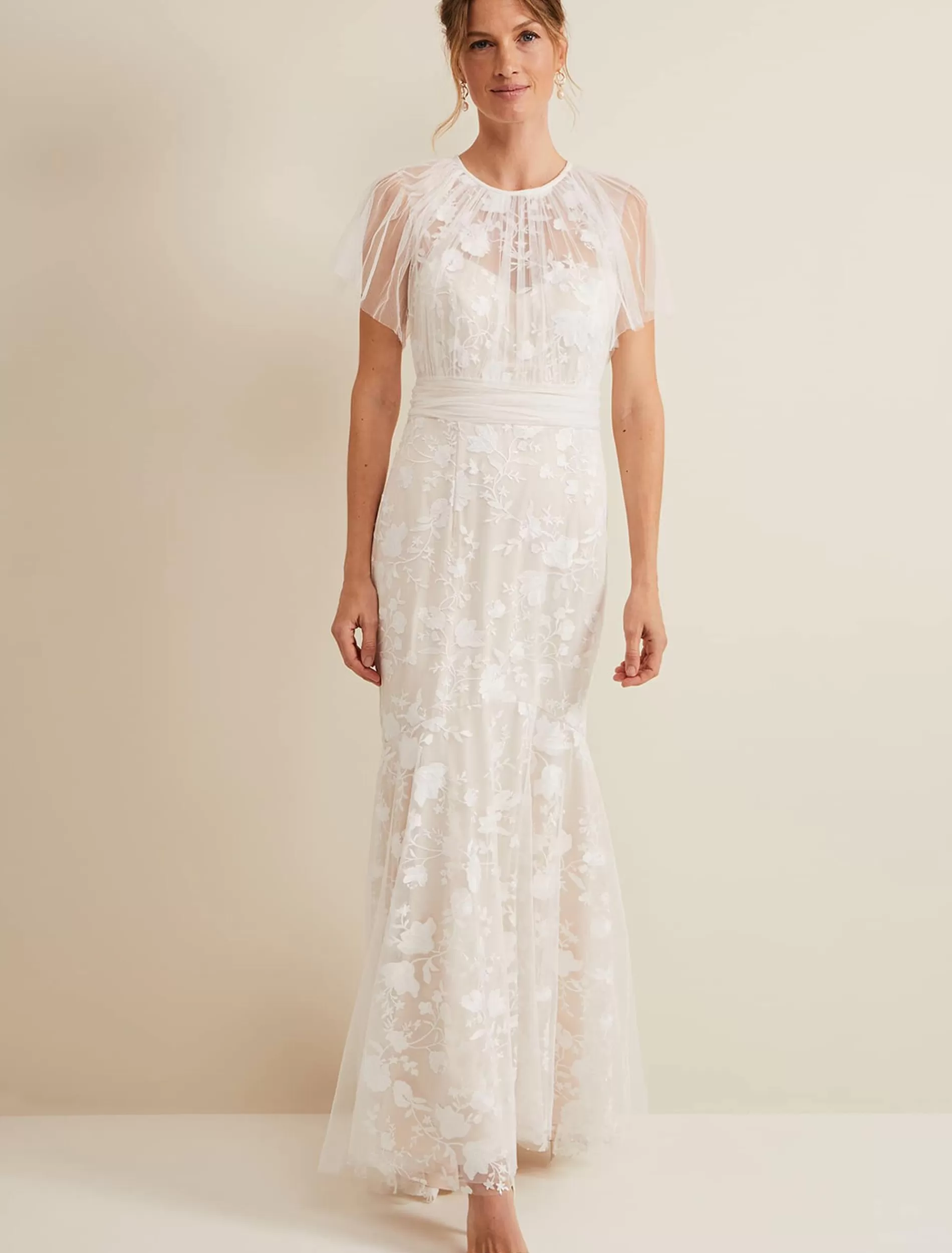 Phase Eight Delilah Mesh Embroidered Maxi Wedding Dress Parchment Discount