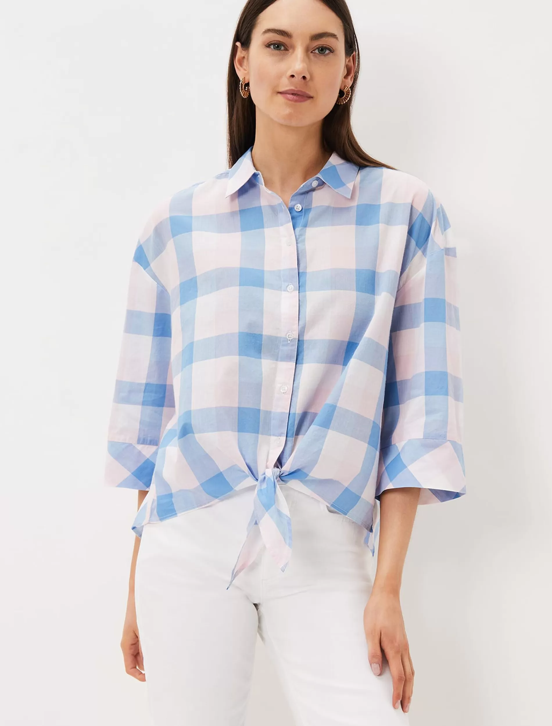 Phase Eight Della Gingham Tie Front Blouse Soft Pink/ Blue Sale