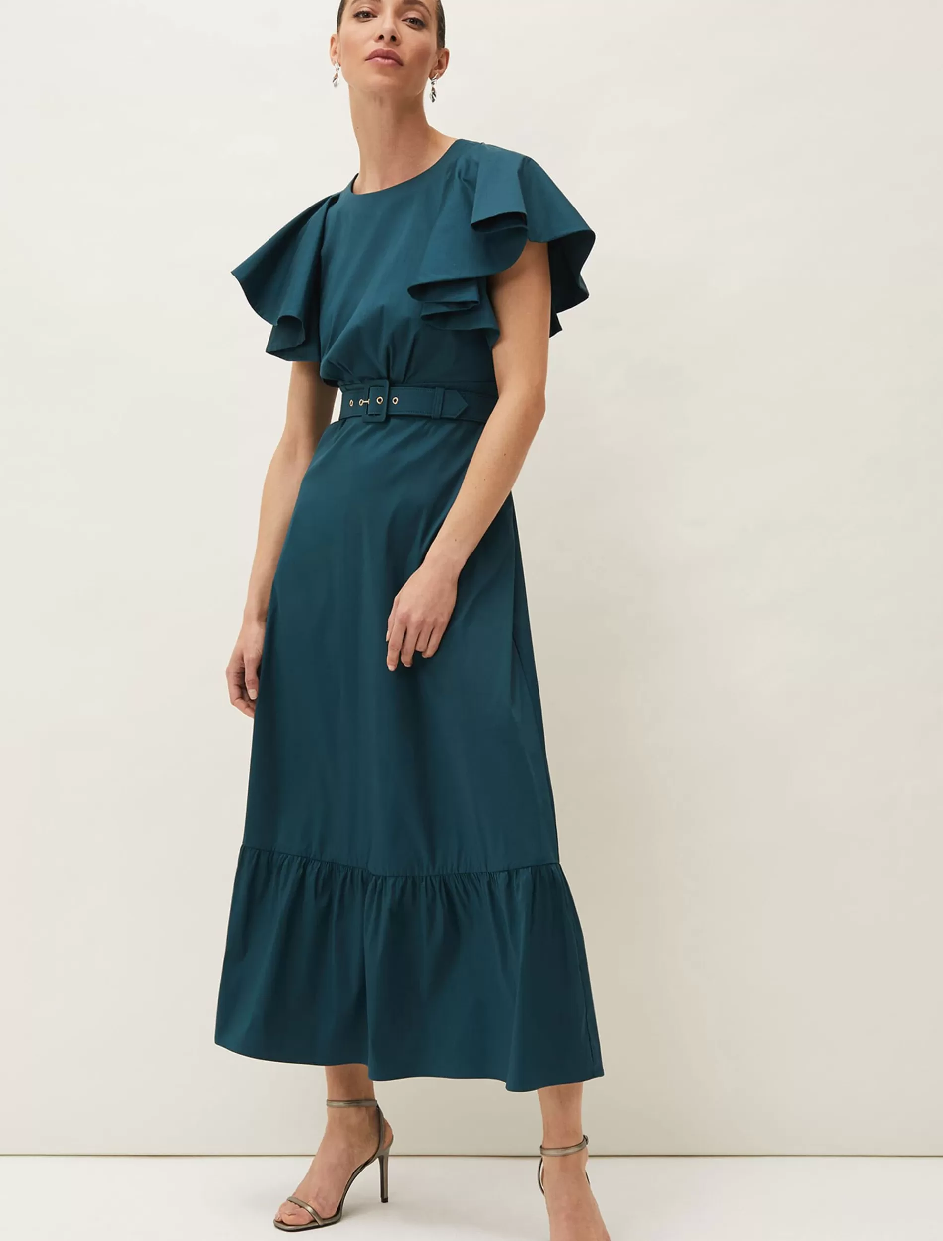 Phase Eight Dinah Frill Sleeve Belted Maxi Dress Petrol Clearance