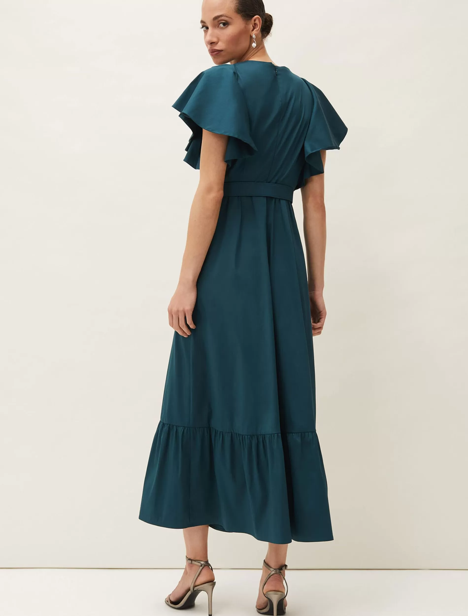 Phase Eight Dinah Frill Sleeve Belted Maxi Dress Petrol Clearance