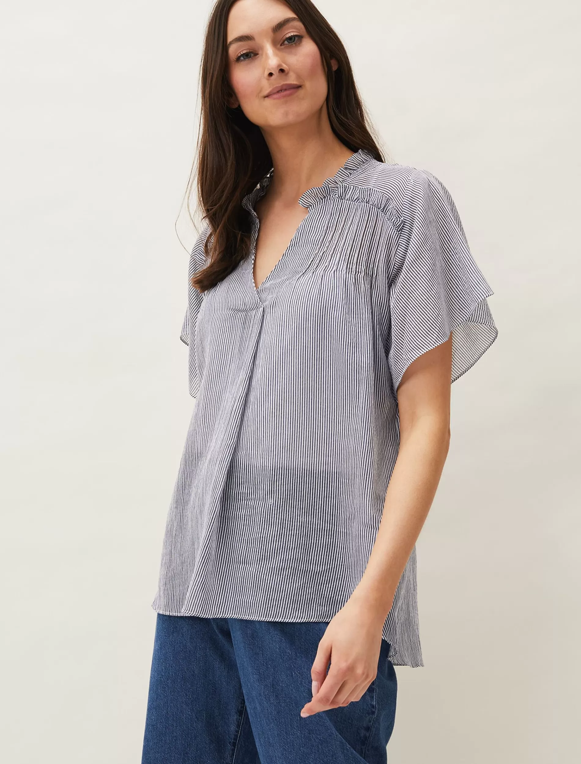 Phase Eight Diya Frill Stripe Blouse White/Soft Blue Fashion