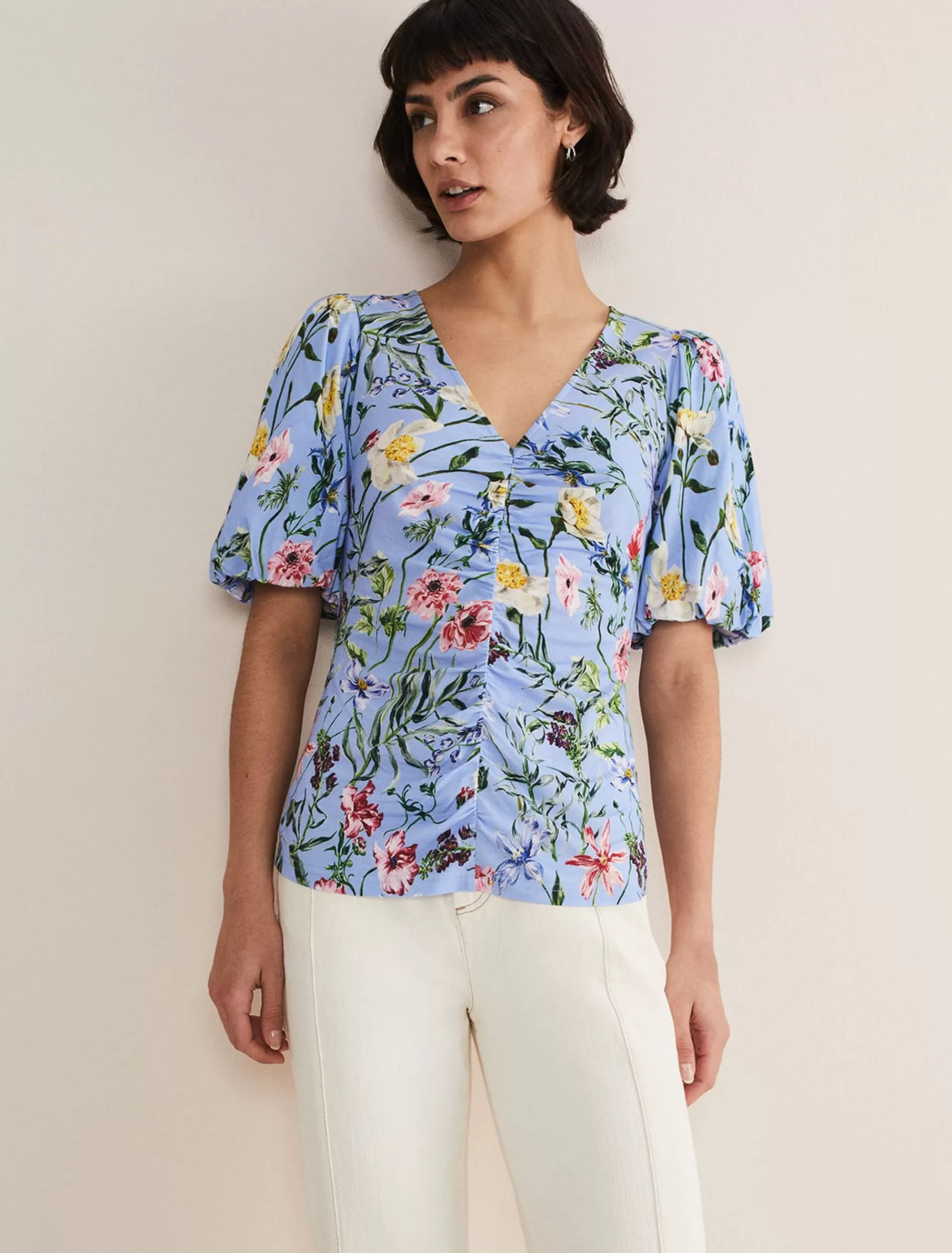 Phase Eight Donda Floral Ruched Top Blue/Multi Cheap